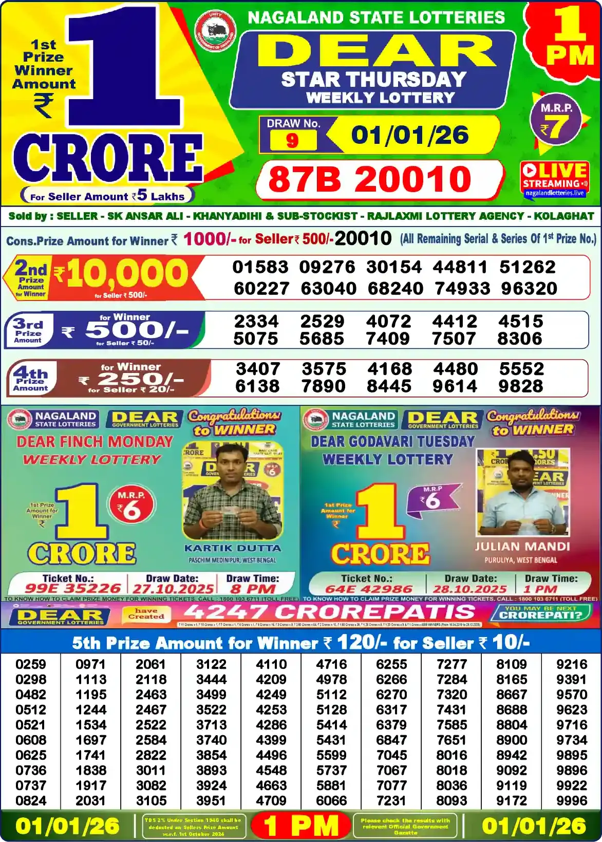 Lottery Sambad 01.01.26 Dear Lottery Result 1pm