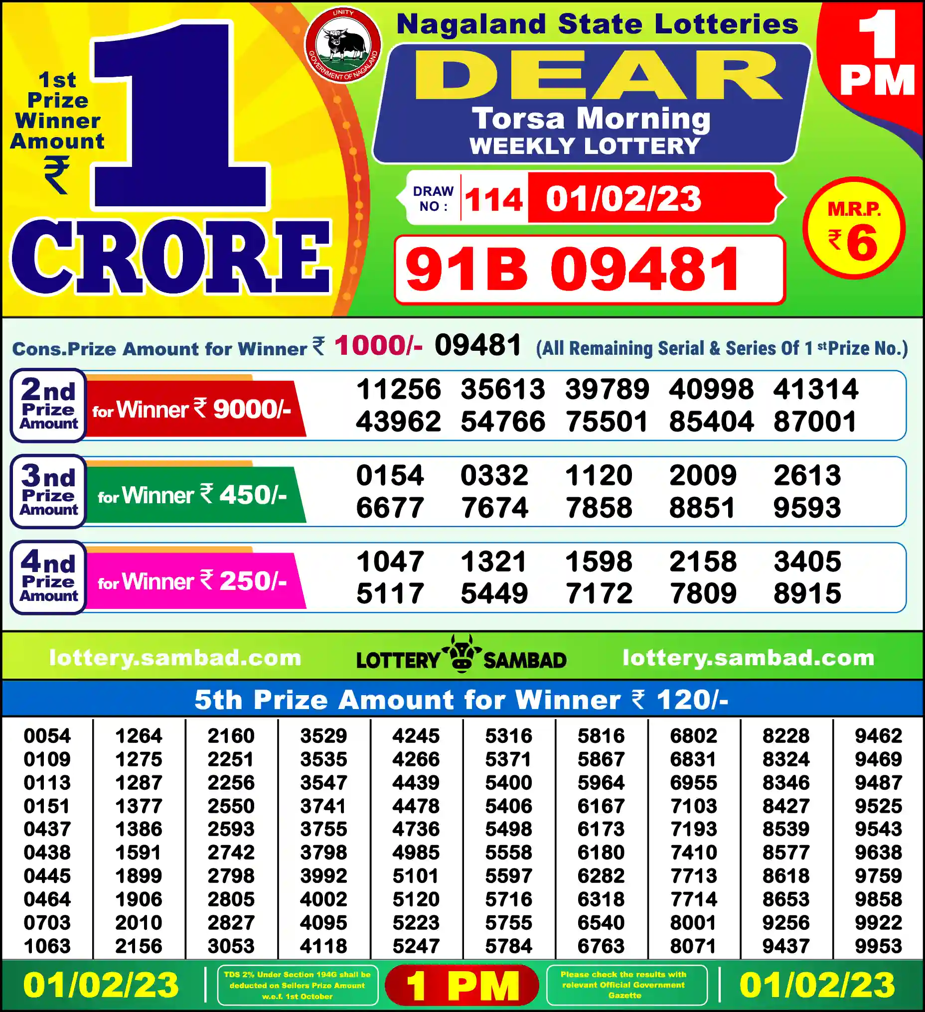 Lottery Sambad 01.02.23 Dear Lottery Result 1pm