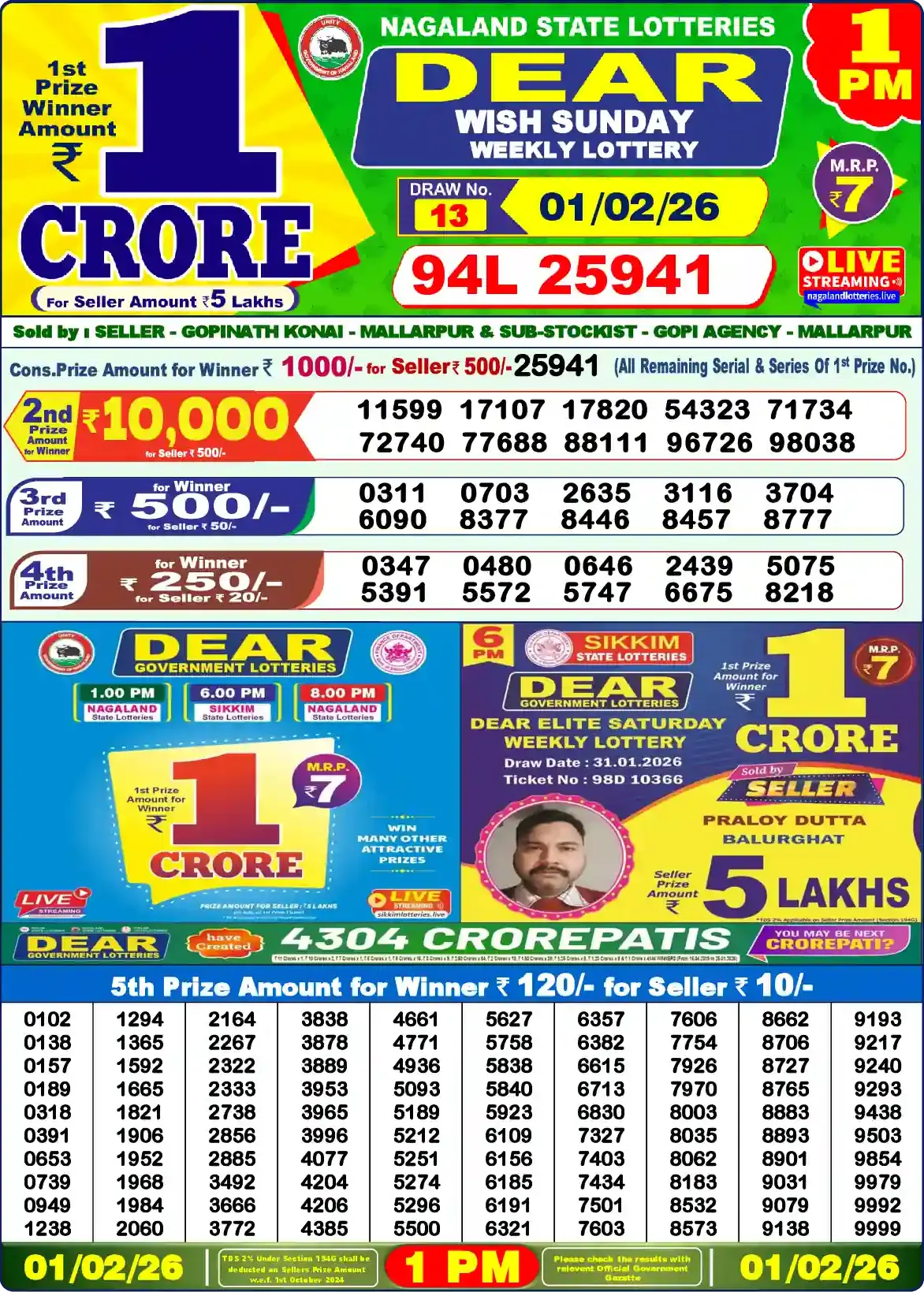 Lottery Sambad 01.02.26 Dear Lottery Result 1pm