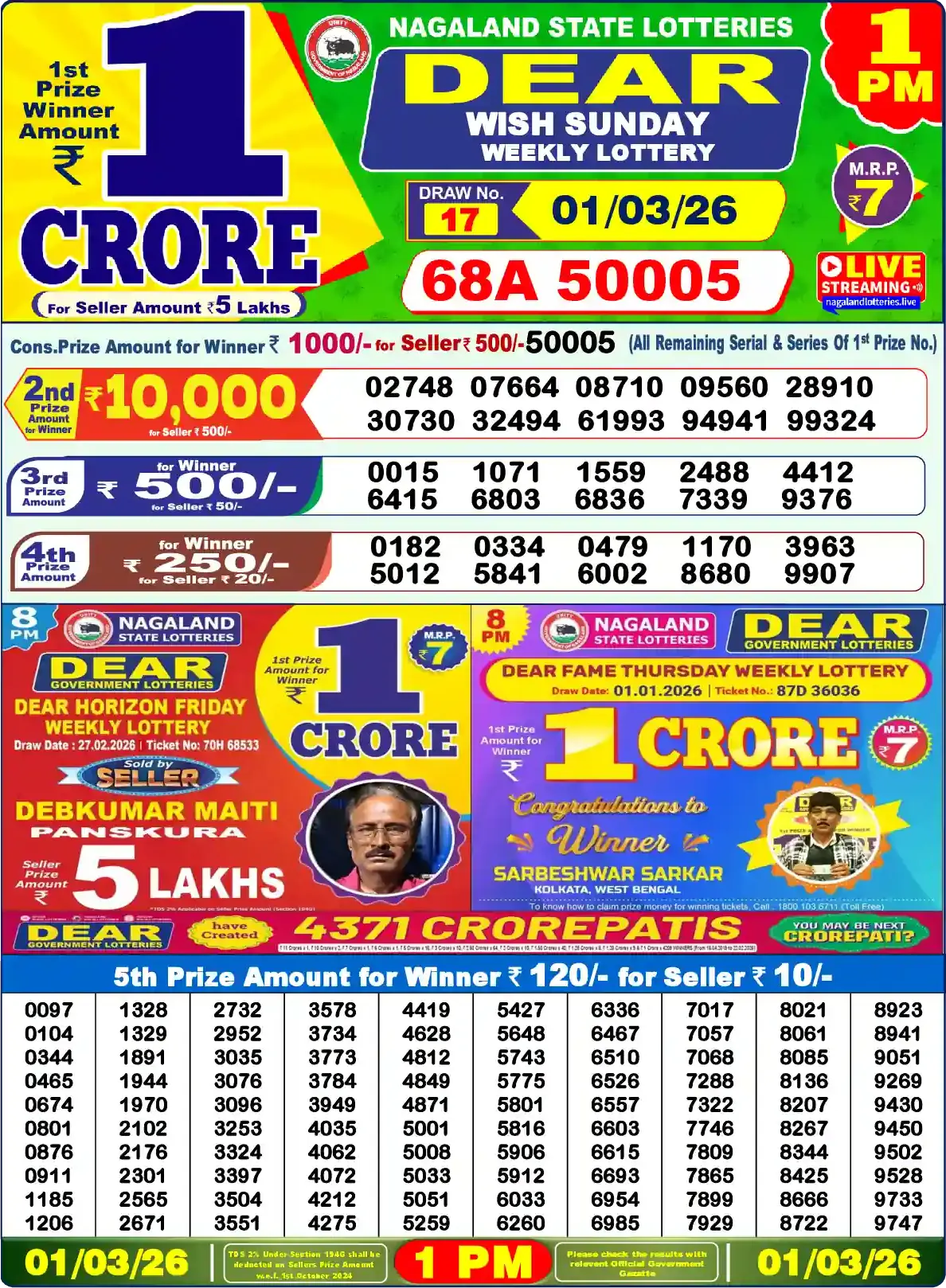 Lottery Sambad 01.03.26 Dear Lottery Result 1pm