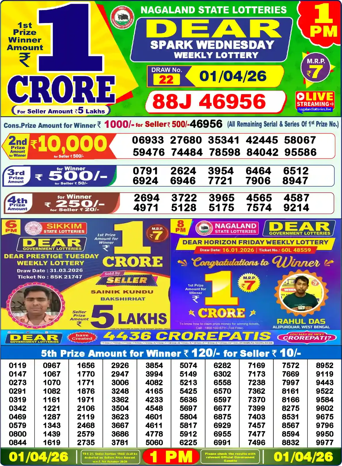 Lottery Sambad 01.04.26 Dear Lottery Result 1pm
