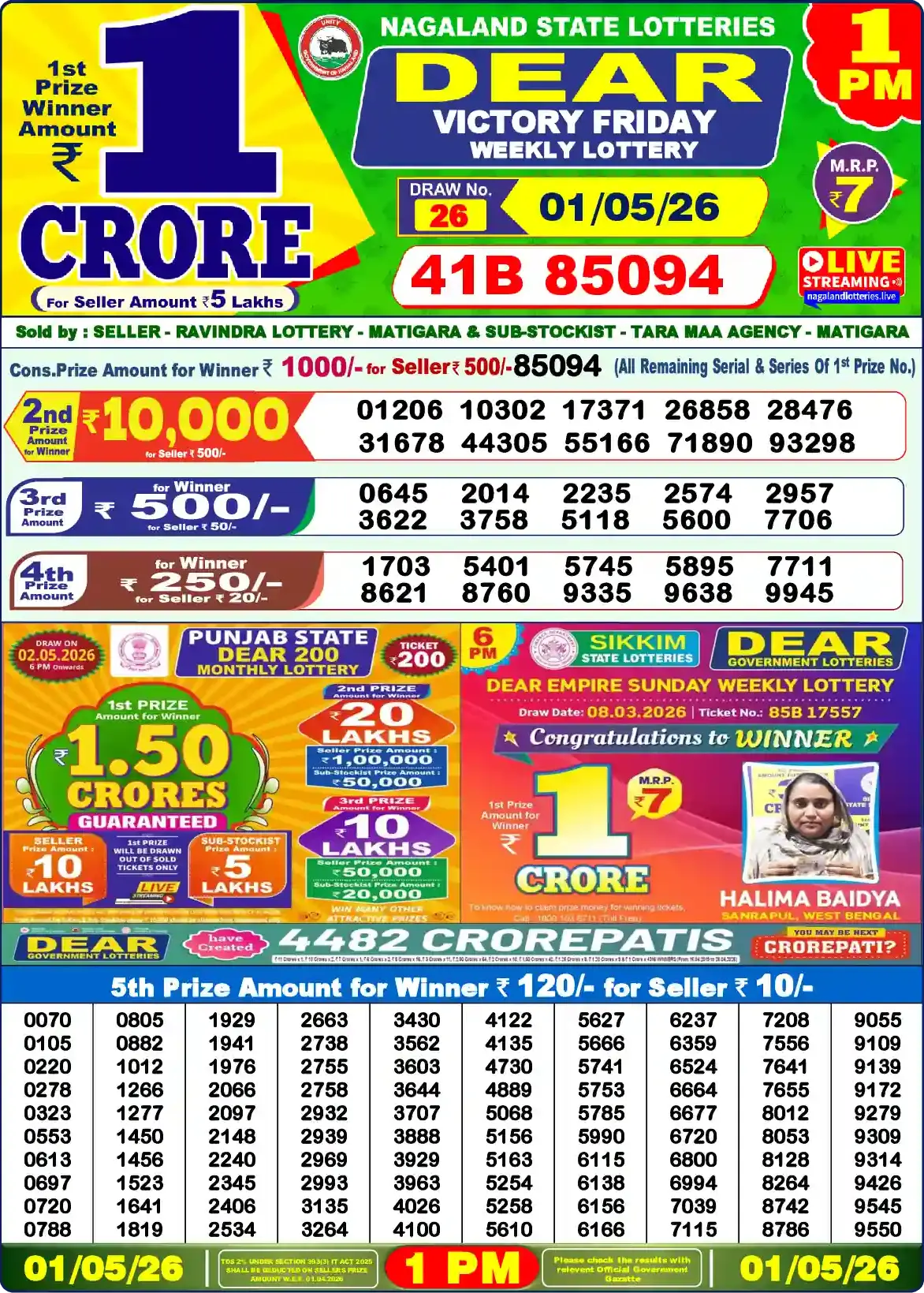 Lottery Sambad 01.05.26 Dear Lottery Result 1pm