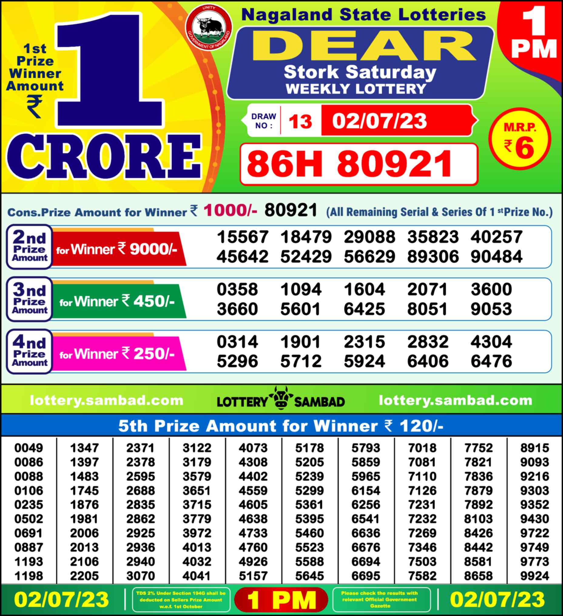 Lottery Sambad 02.07.23 Dear Lottery Result 1pm