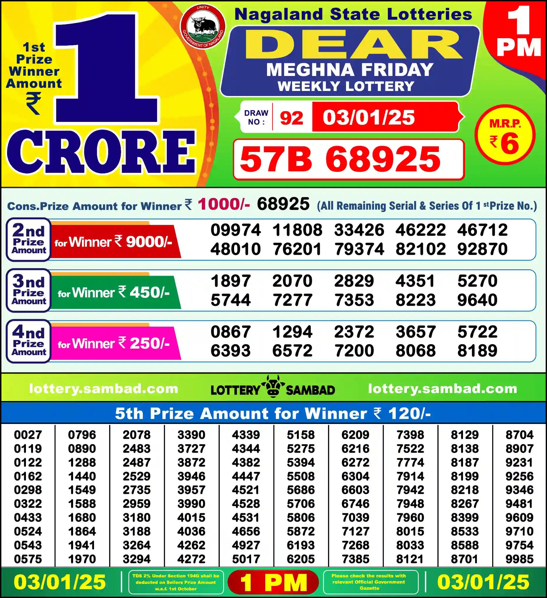 Lottery Sambad 03.01.25 Dear Lottery Result 1pm