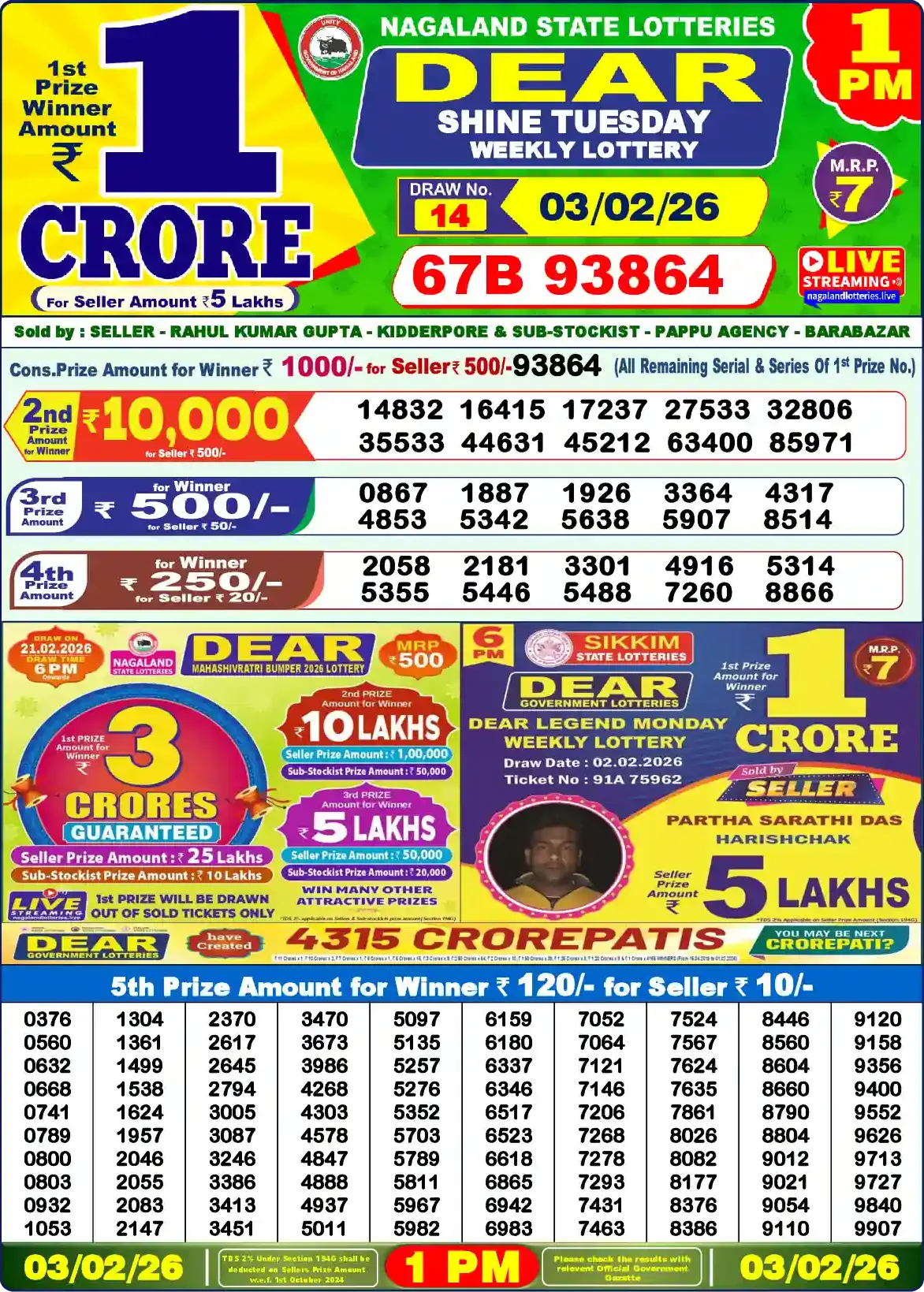 Lottery Sambad 03.02.26 Dear Lottery Result 1pm