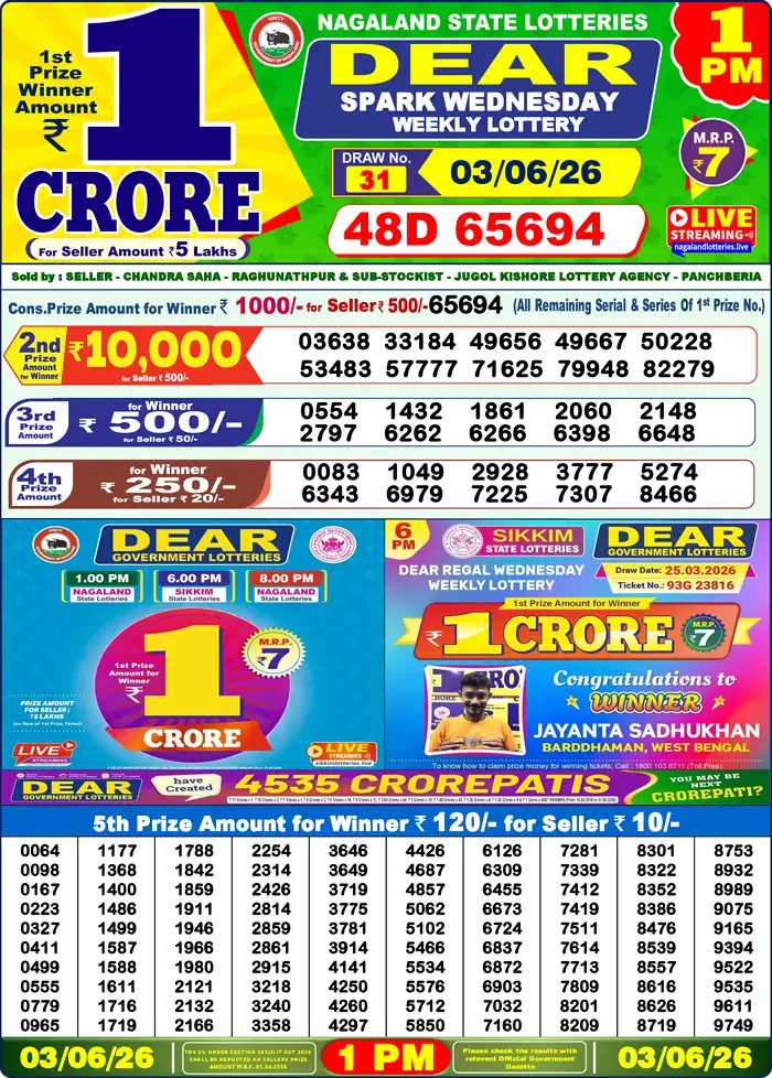Lottery Sambad 03.06.26 Dear Lottery Result 1pm