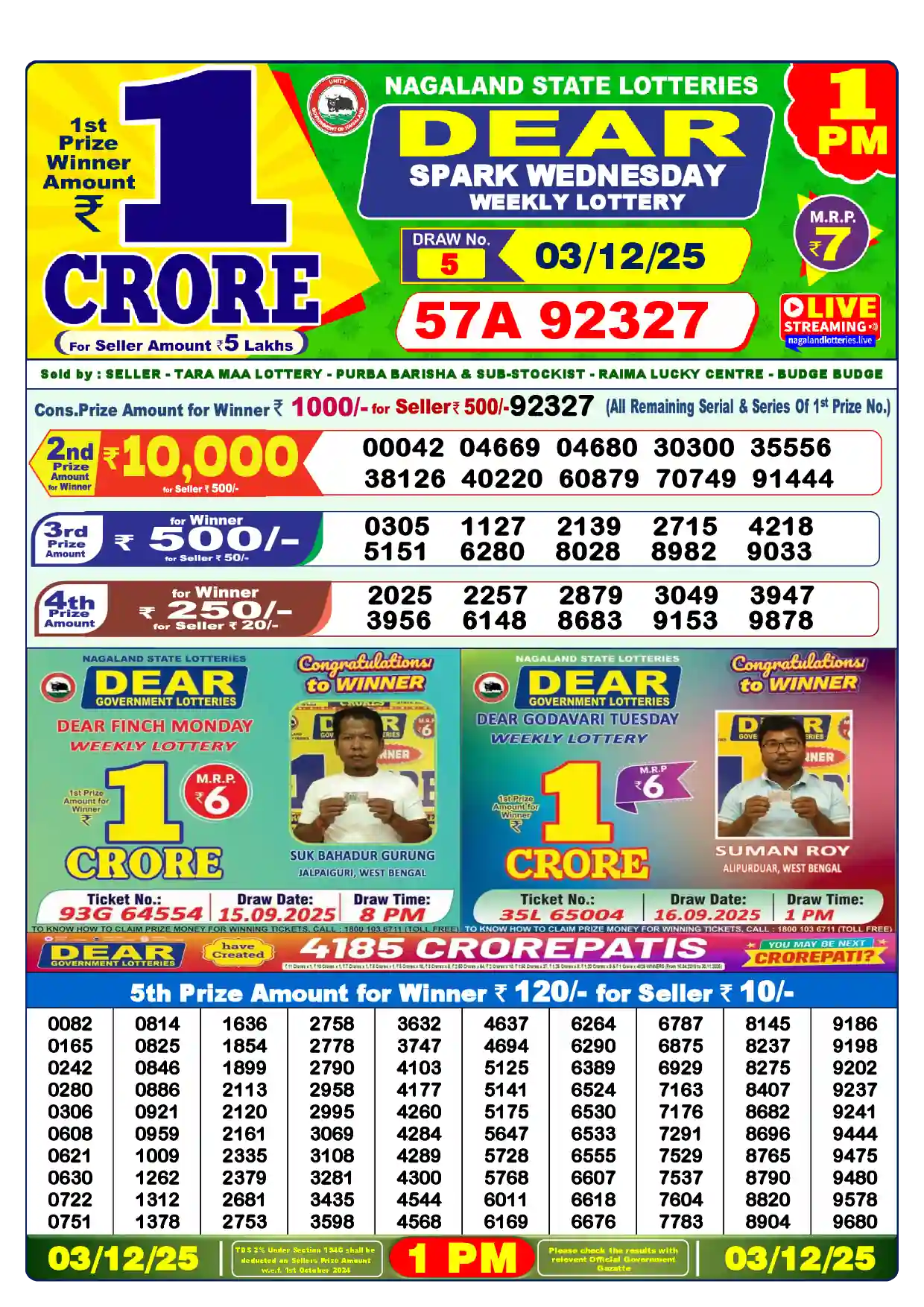 Lottery Sambad 03.12.25 Dear Lottery Result 1pm