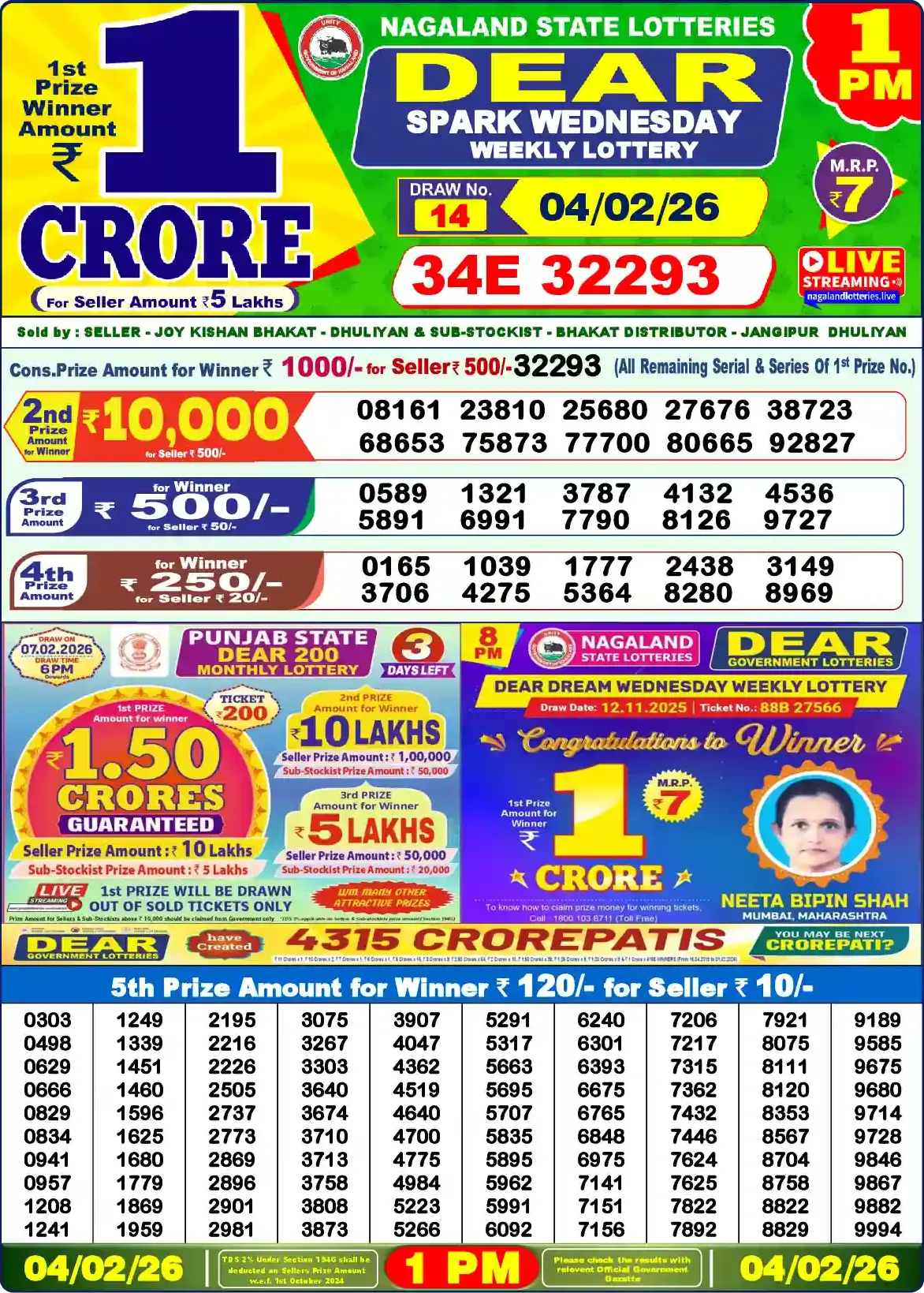 Lottery Sambad 04.02.26 Dear Lottery Result 1pm