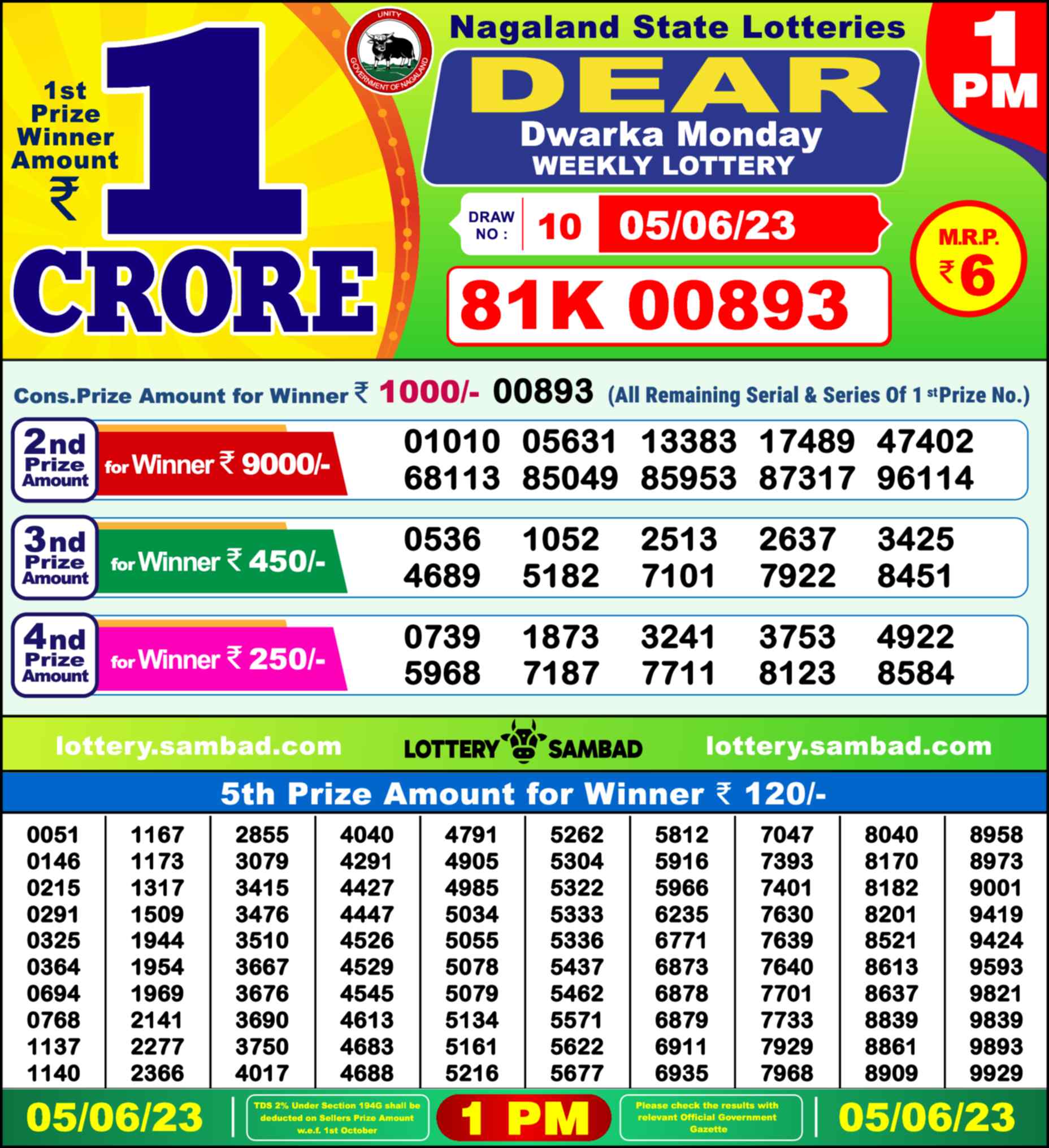 Lottery Sambad 05.06.23 Dear Lottery Result 1pm