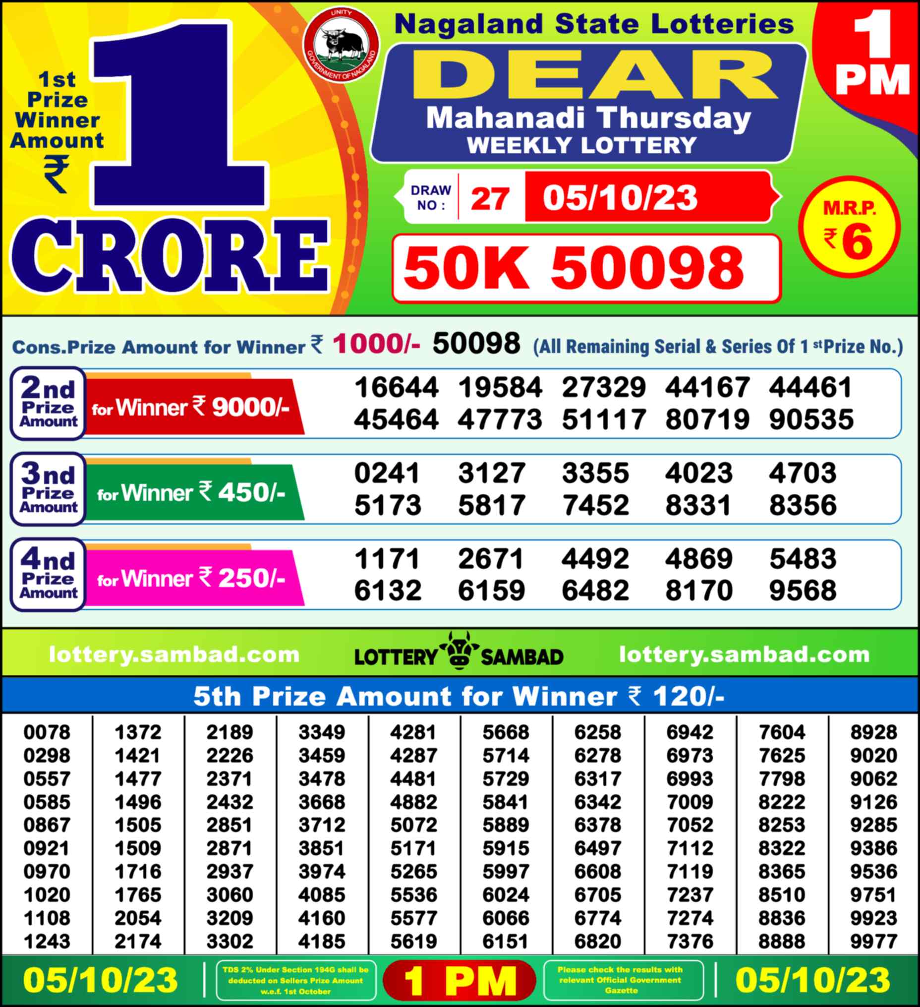 Lottery Sambad 05.10.23 Dear Lottery Result 1pm