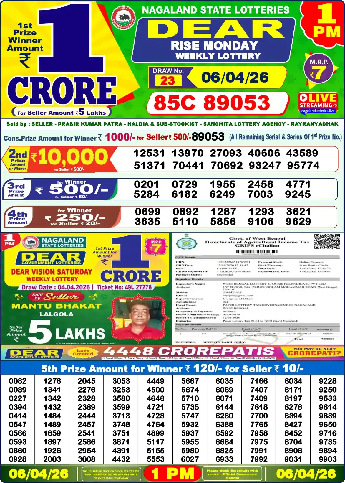 Lottery Sambad 06.04.26 Dear Lottery Result 1pm