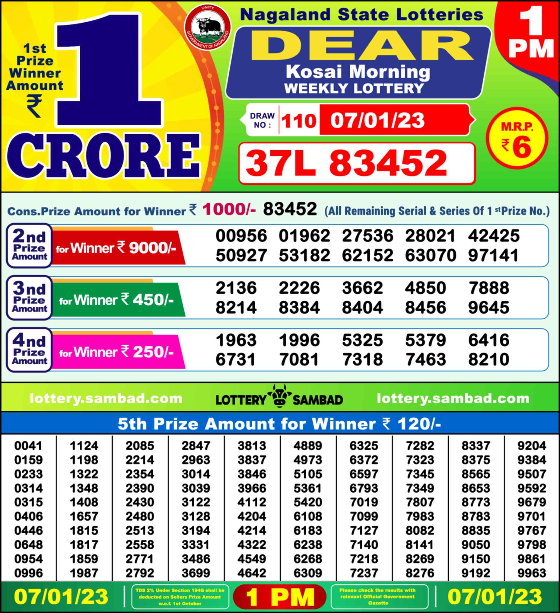 Lottery Sambad 07.01.23 Dear Lottery Result 1pm