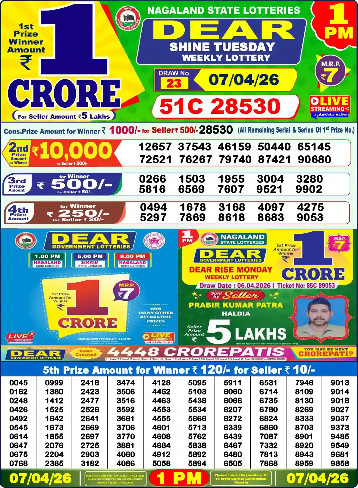 Lottery Sambad 07.04.26 Dear Lottery Result 1pm