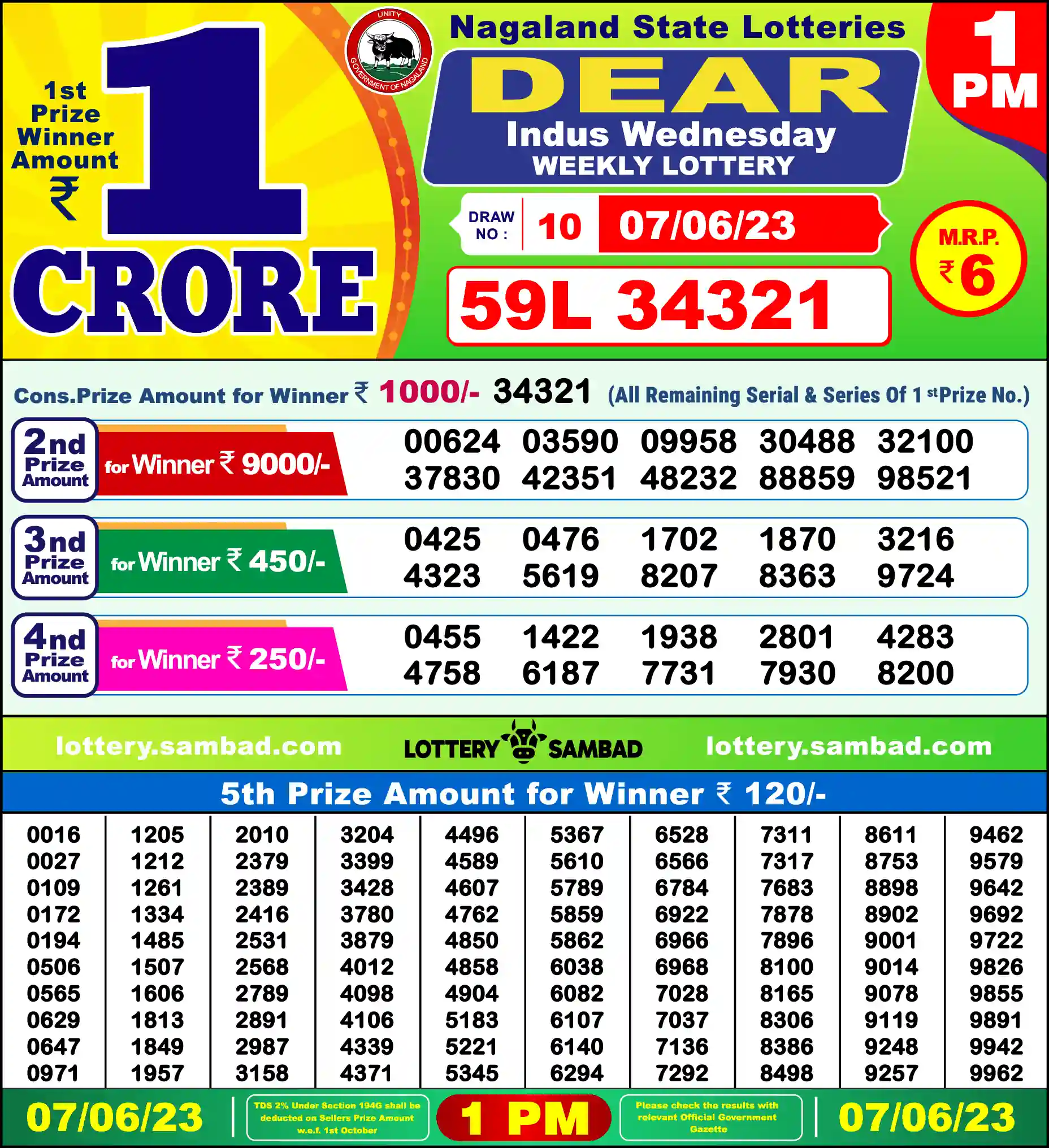 Lottery Sambad 07.06.23 Dear Lottery Result 1pm