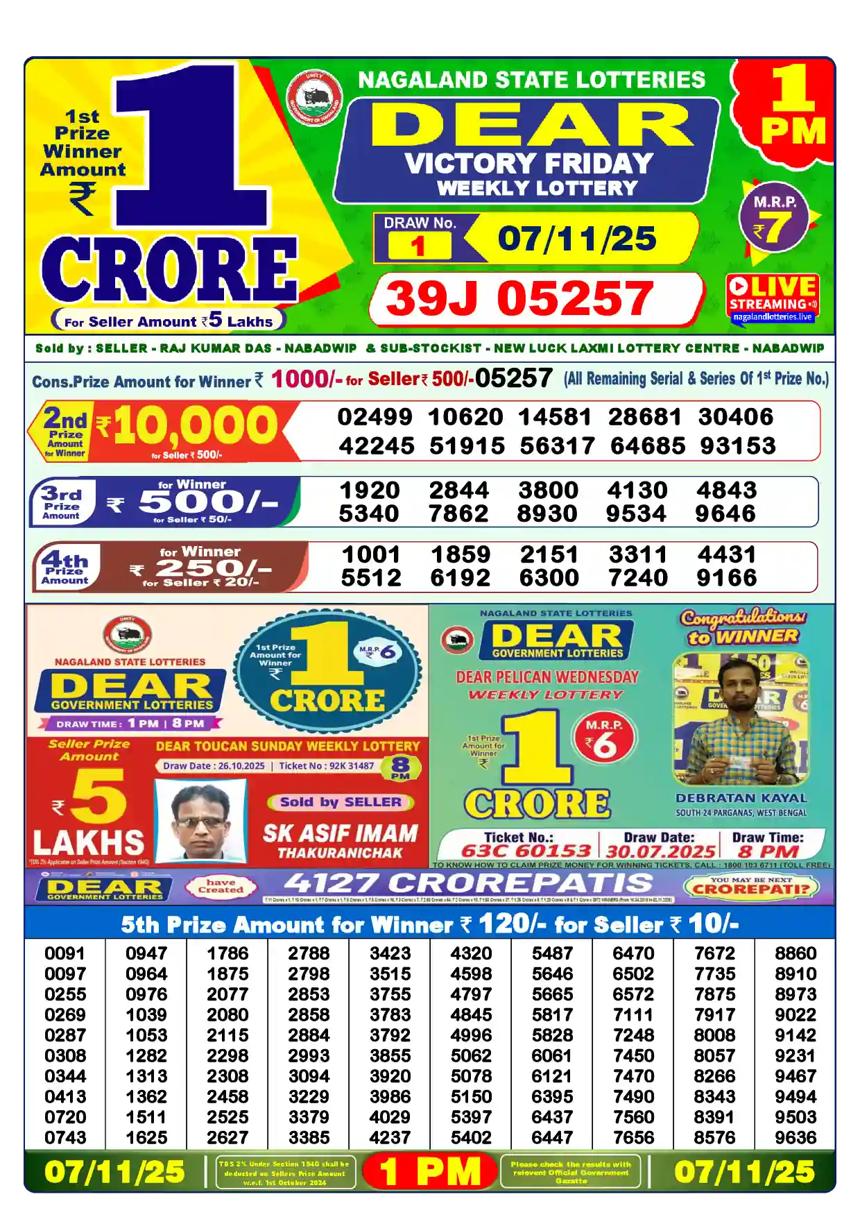 Lottery Sambad 07.11.25 Dear Lottery Result 1pm