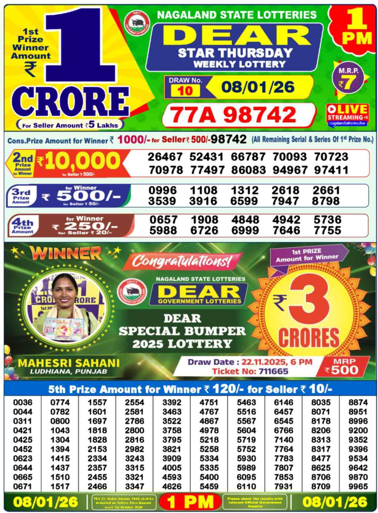 Lottery Sambad 08.01.26 Dear Lottery Result 1pm