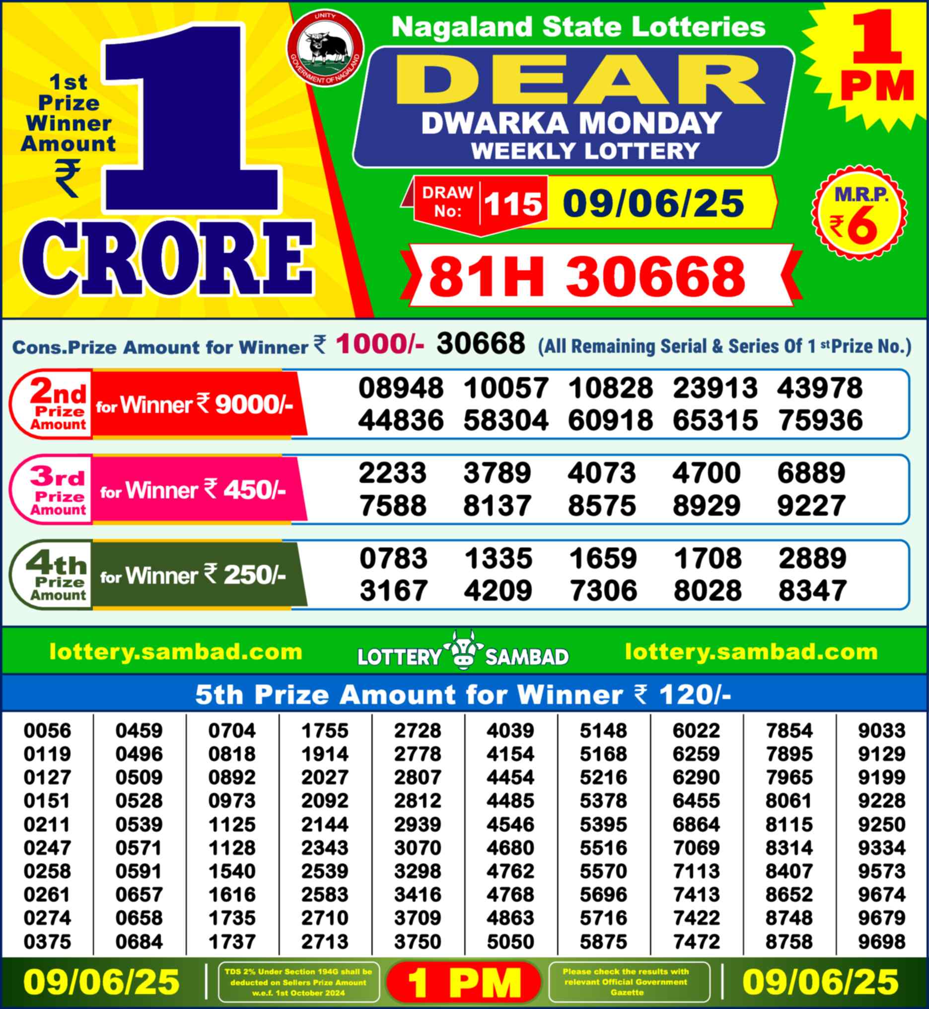 Lottery Sambad 09.06.25 Dear Lottery Result 1pm