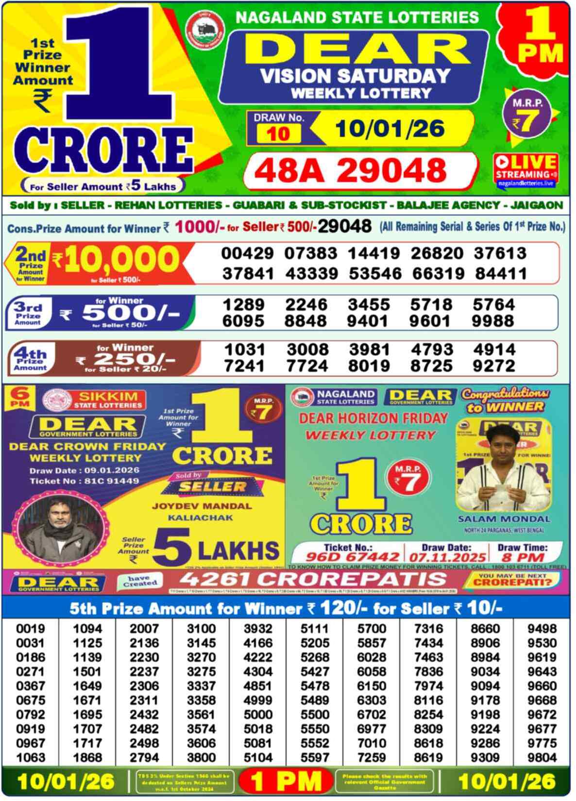 Lottery Sambad 10.01.26 Dear Lottery Result 1pm