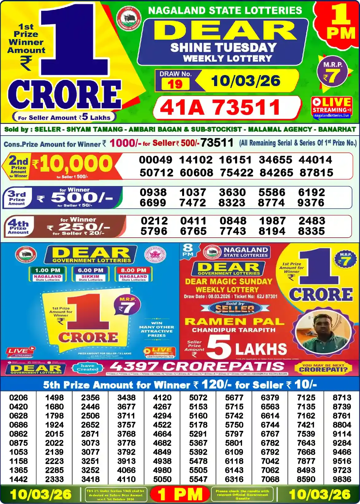 Lottery Sambad 10.03.26 Dear Lottery Result 1pm