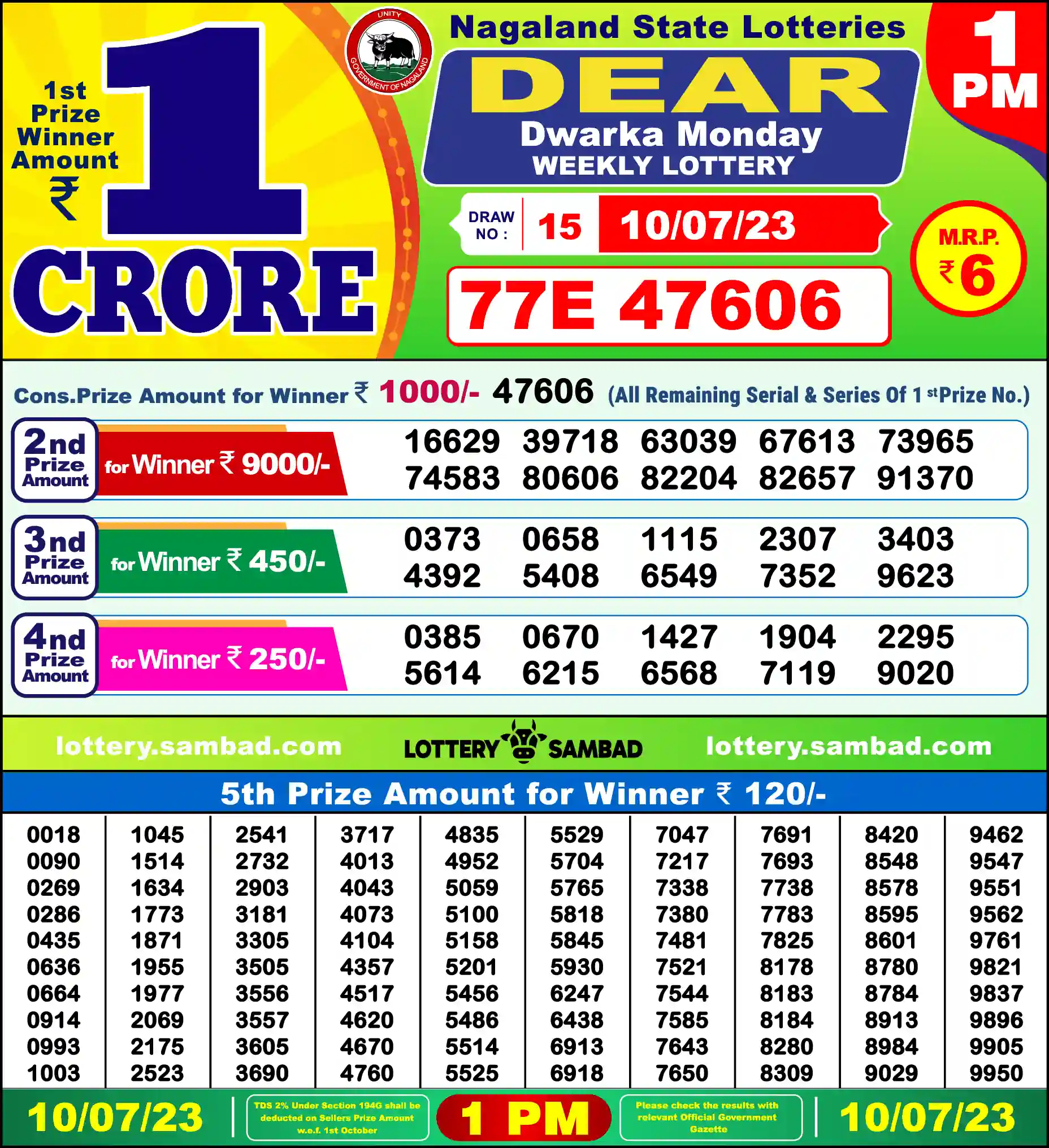 Lottery Sambad 10.07.23 Dear Lottery Result 1pm