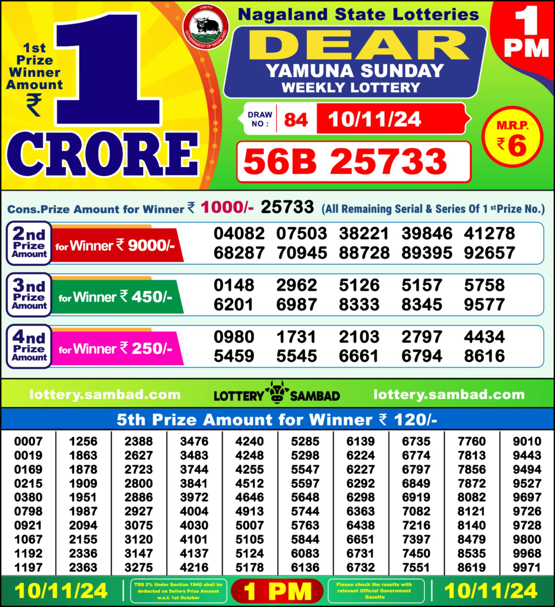 Lottery Sambad 10.11.24 Dear Lottery Result 1pm