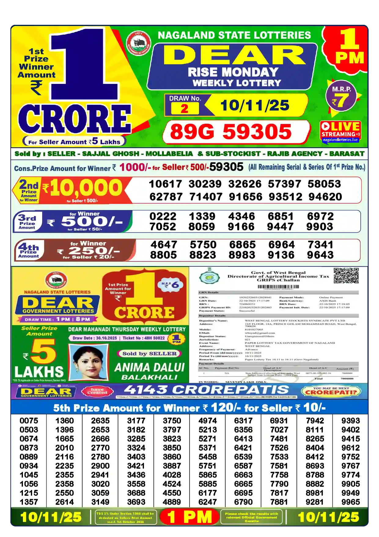 Lottery Sambad 10.11.25 Dear Lottery Result 1pm
