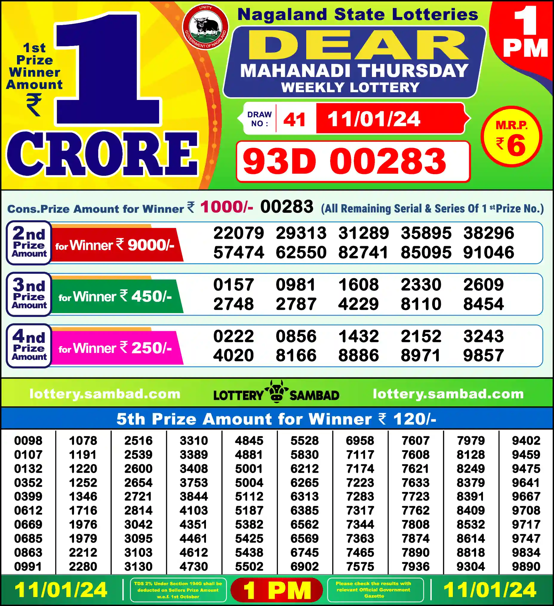 Lottery Sambad 11.01.24 Dear Lottery Result 1pm