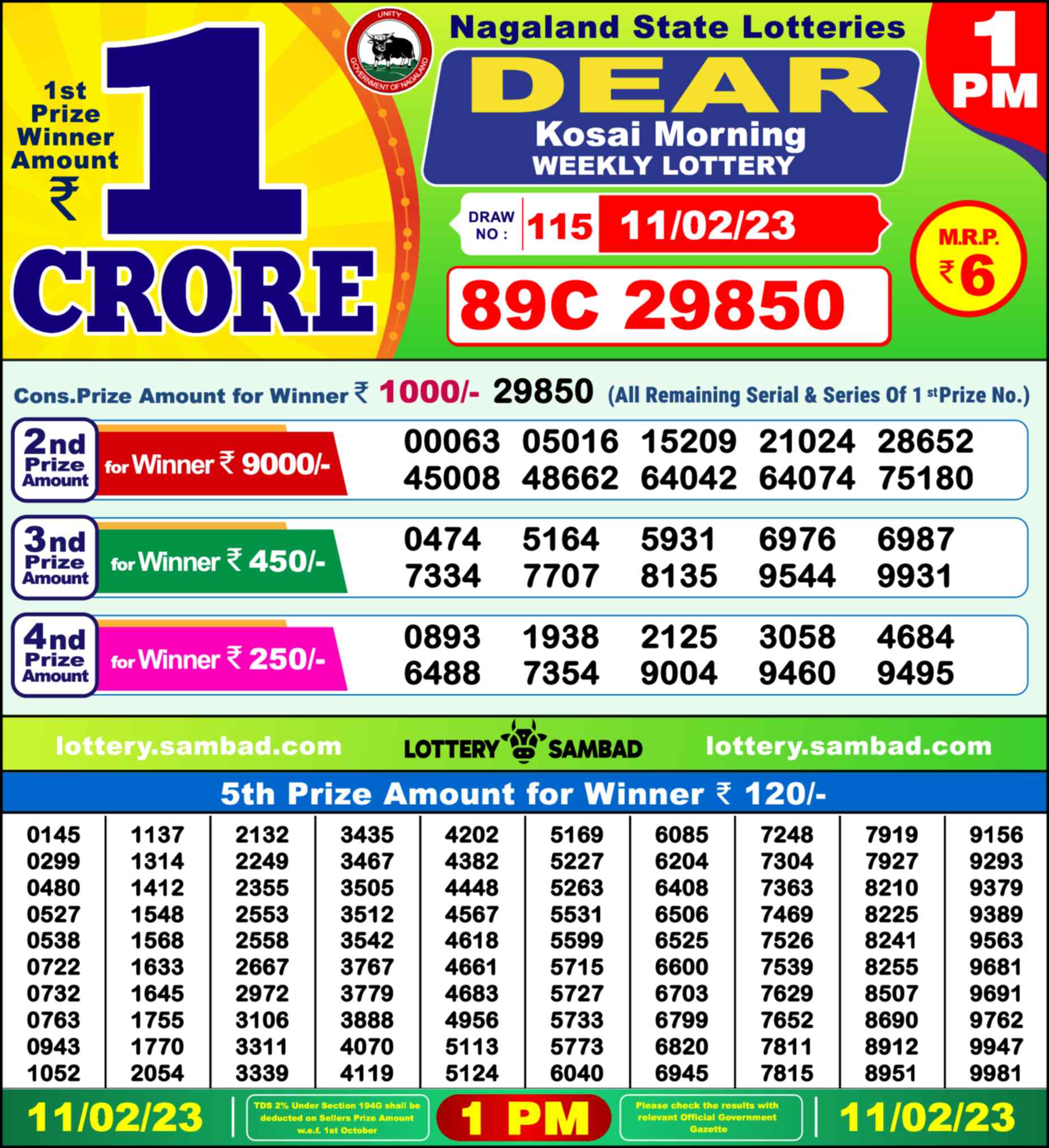 Lottery Sambad 11.02.23 Dear Lottery Result 1pm