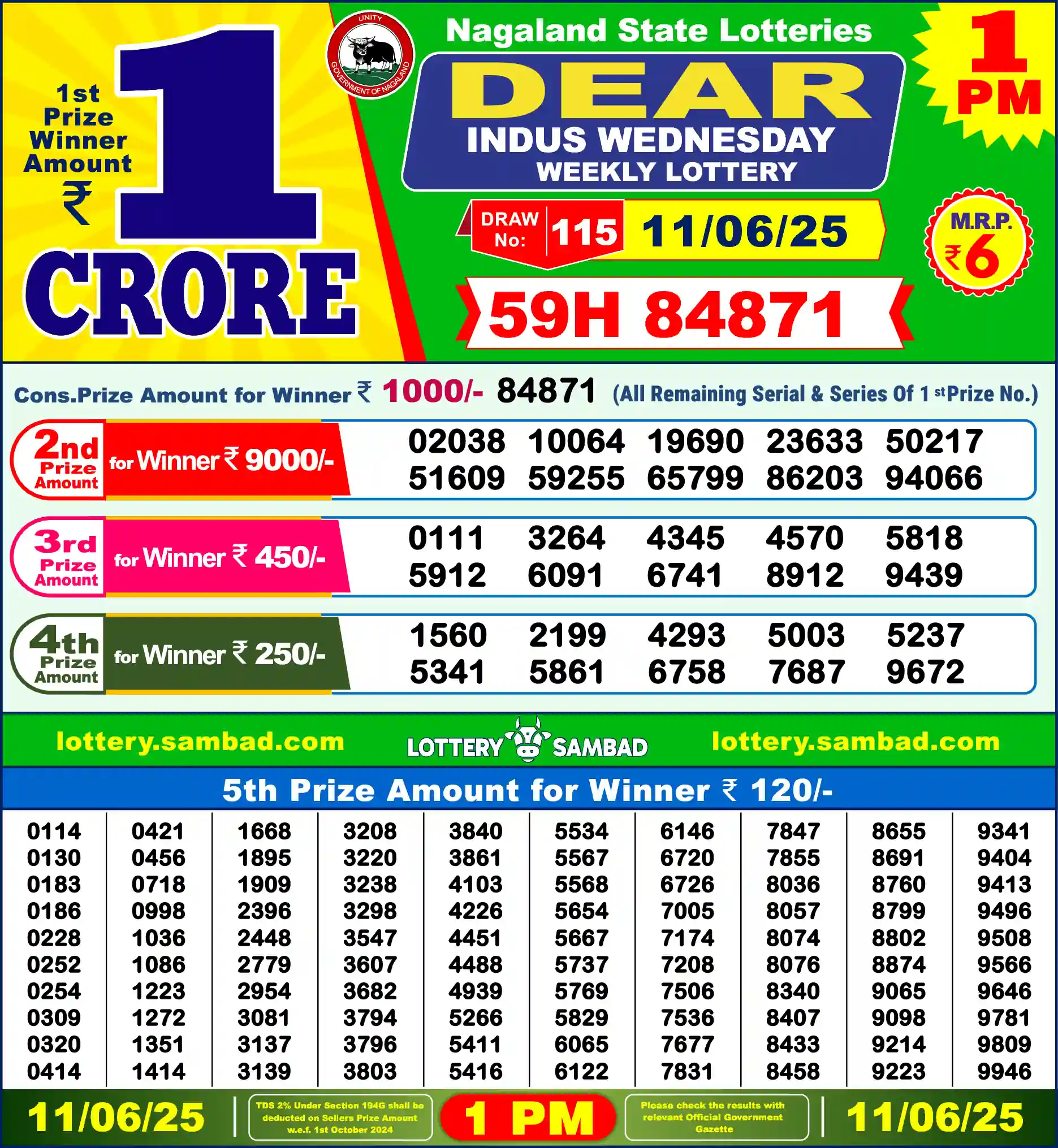 Lottery Sambad 11.06.25 Dear Lottery Result 1pm