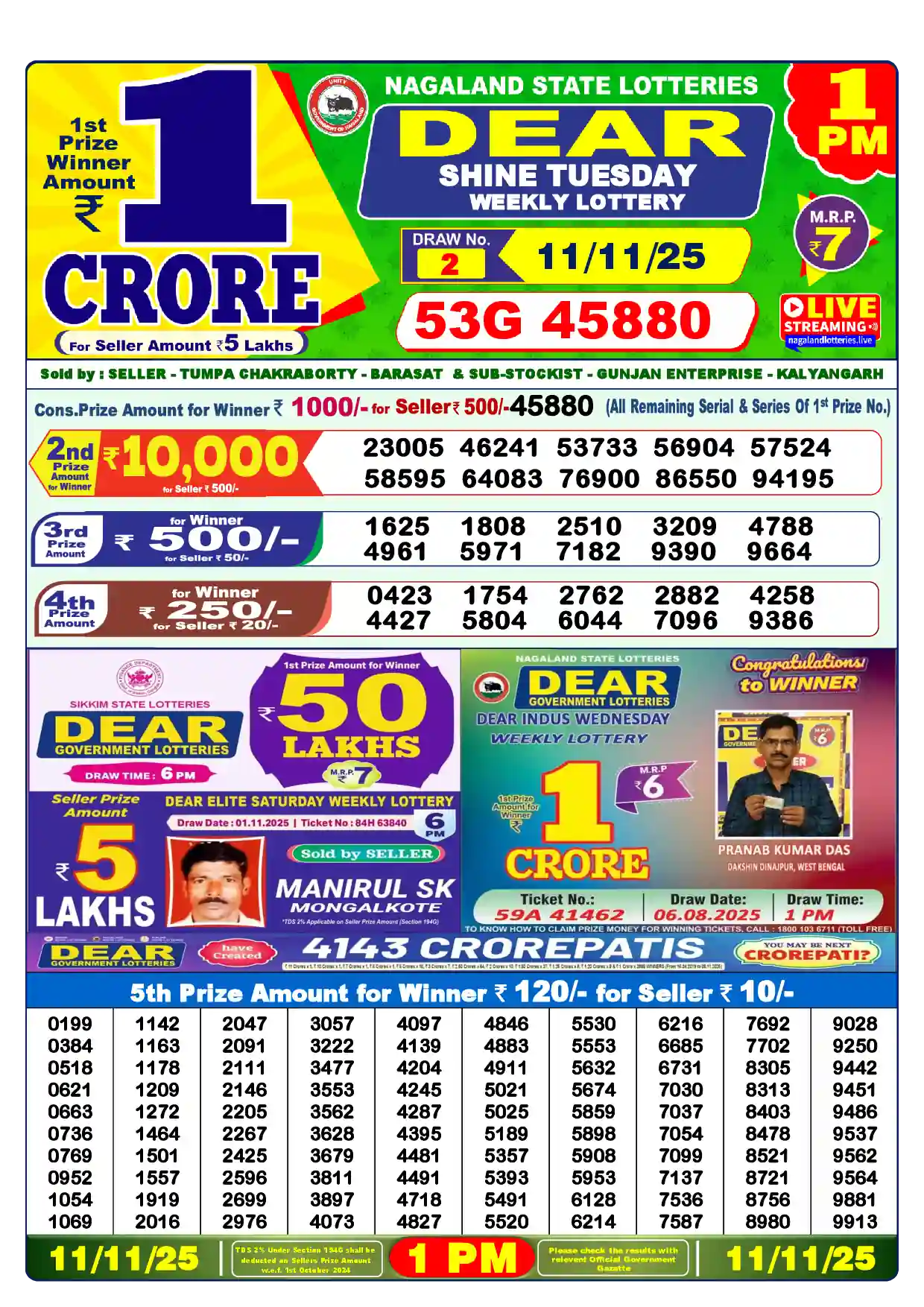 Lottery Sambad 11.11.25 Dear Lottery Result 1pm