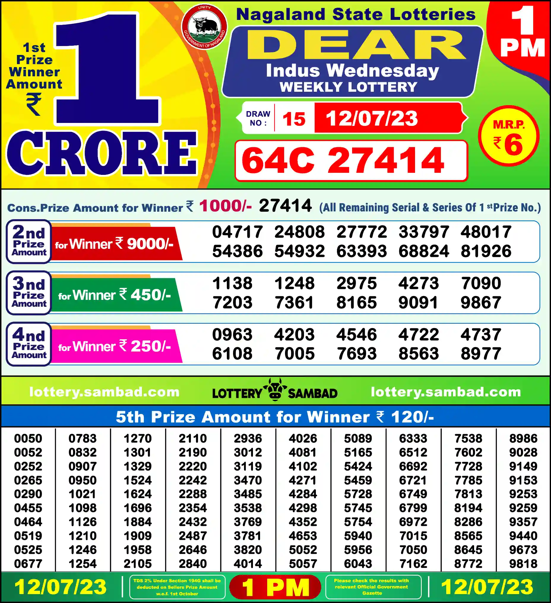 Lottery Sambad 12.07.23 Dear Lottery Result 1pm