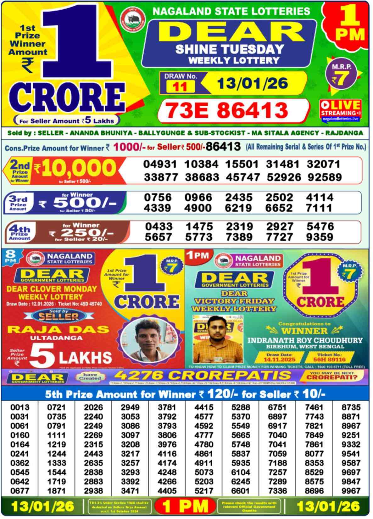 Lottery Sambad 13.01.26 Dear Lottery Result 1pm