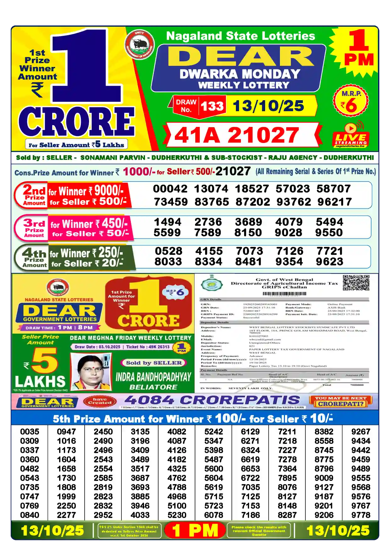 Lottery Sambad 13.10.25 Dear Lottery Result 1pm