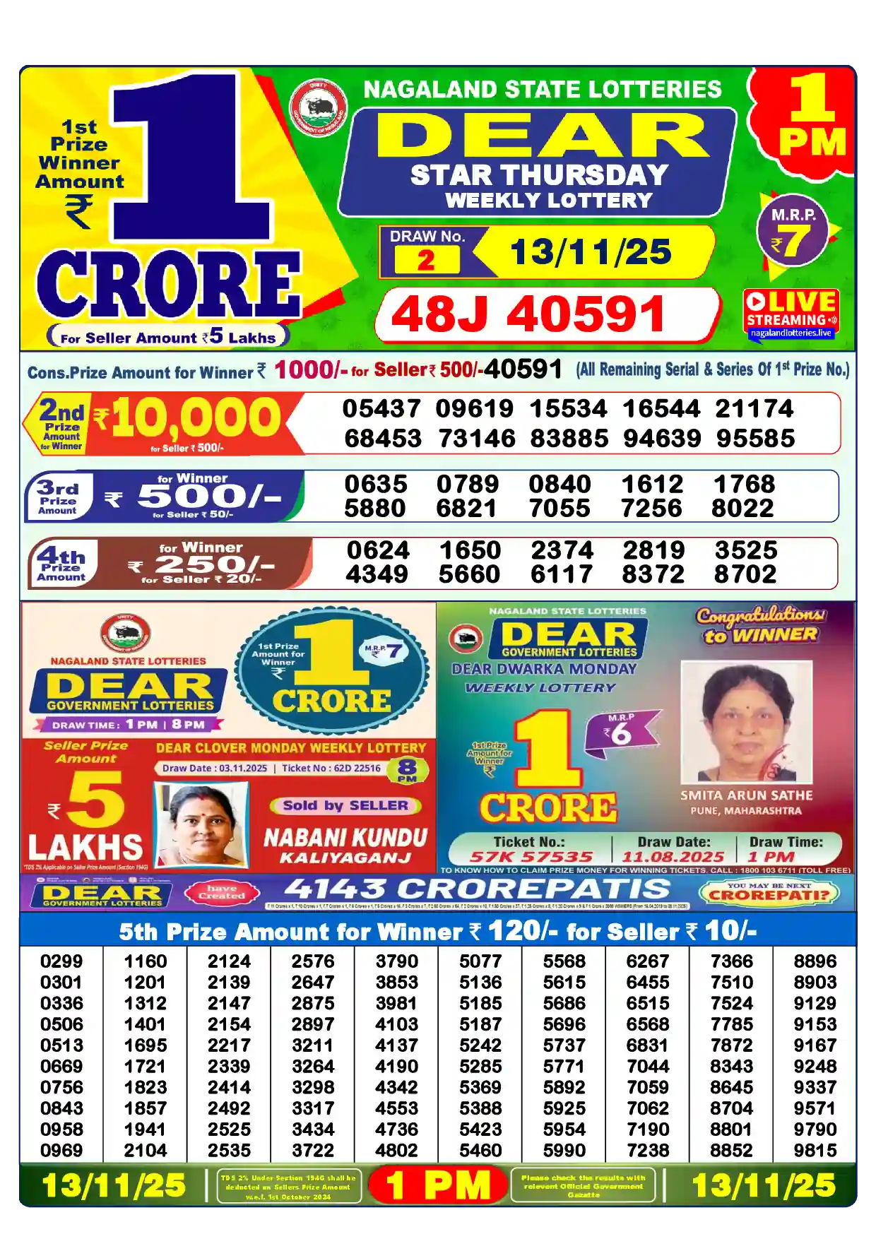 Lottery Sambad 13.11.25 Dear Lottery Result 1pm