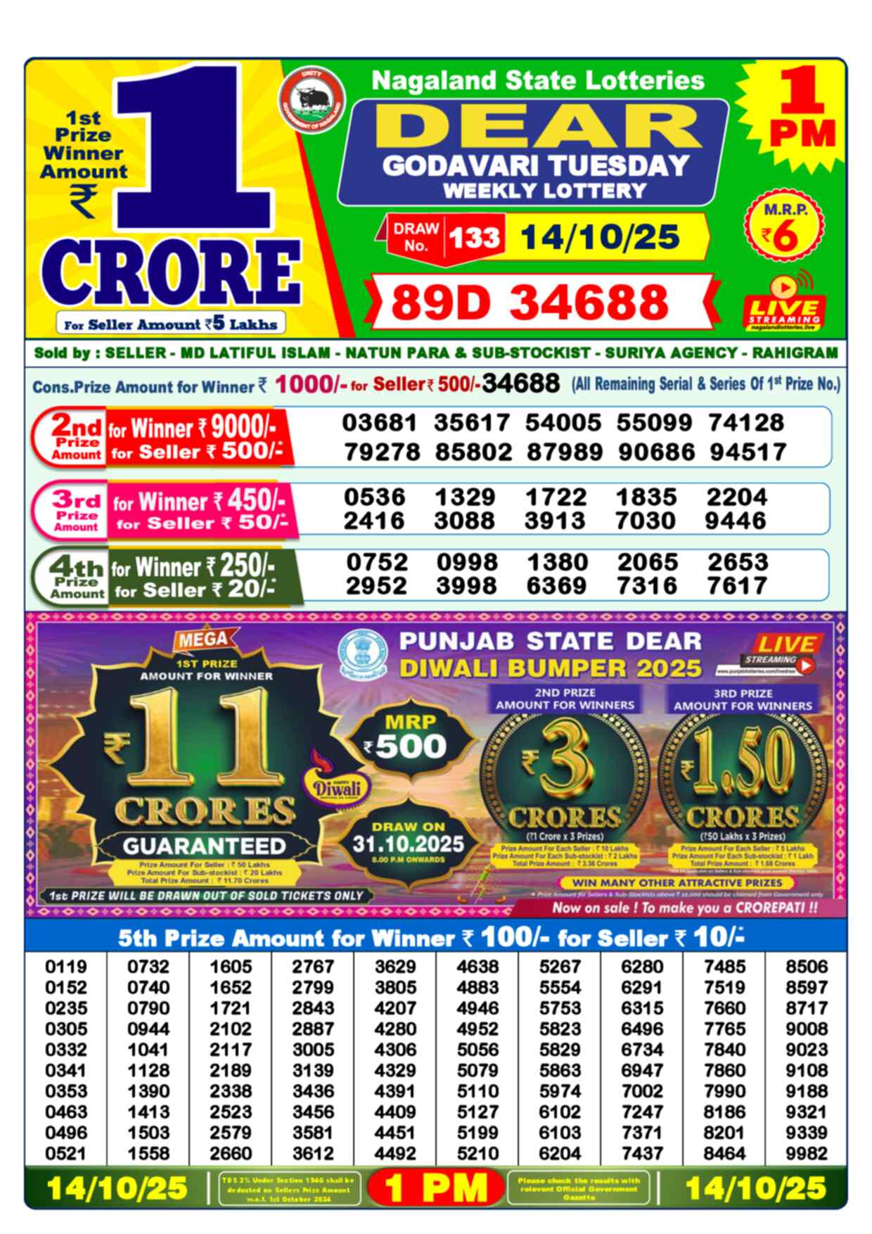 Lottery Sambad Today Result 1pm 14 October 2025