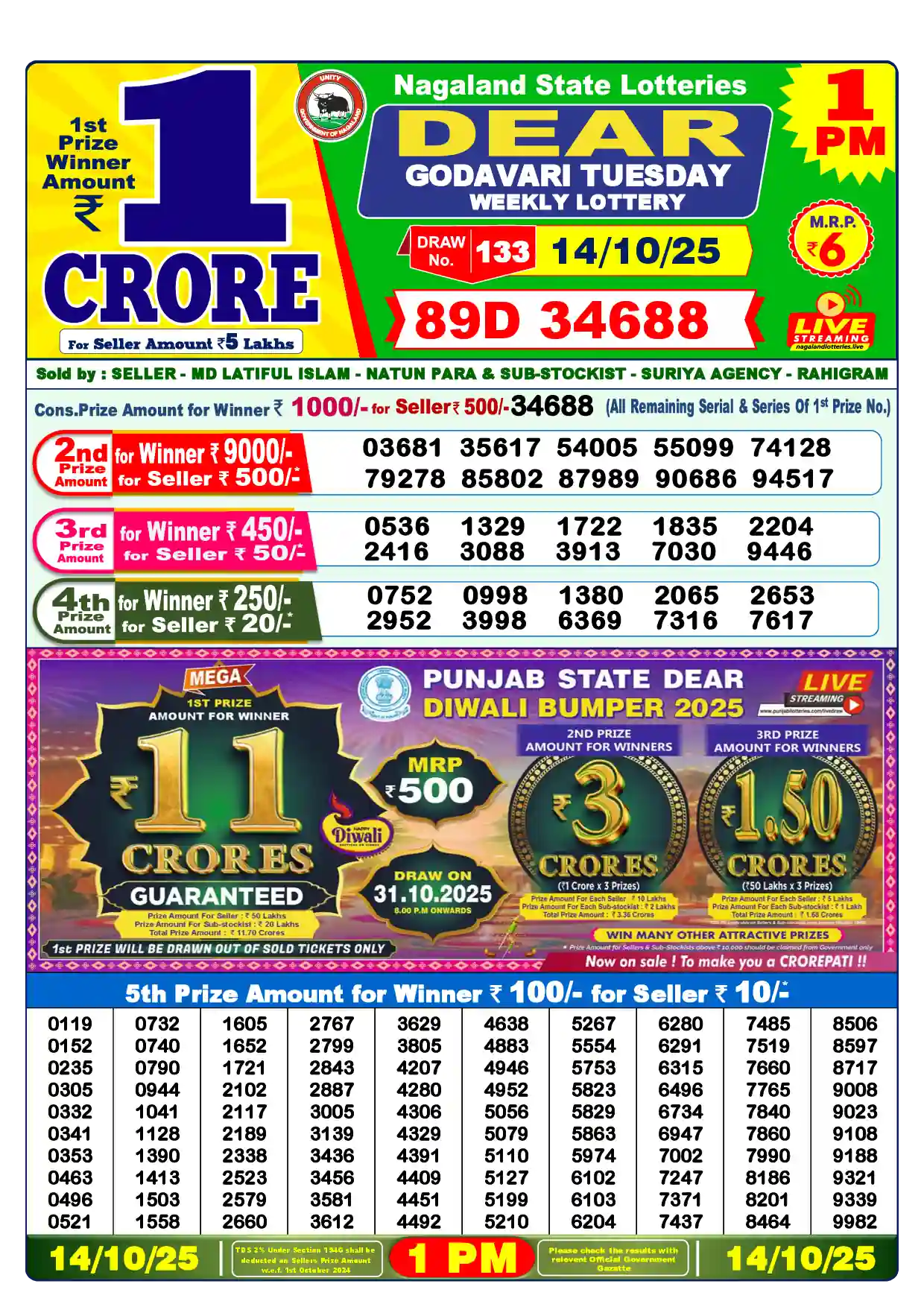 Lottery Sambad 14.10.25 Dear Lottery Result 1pm