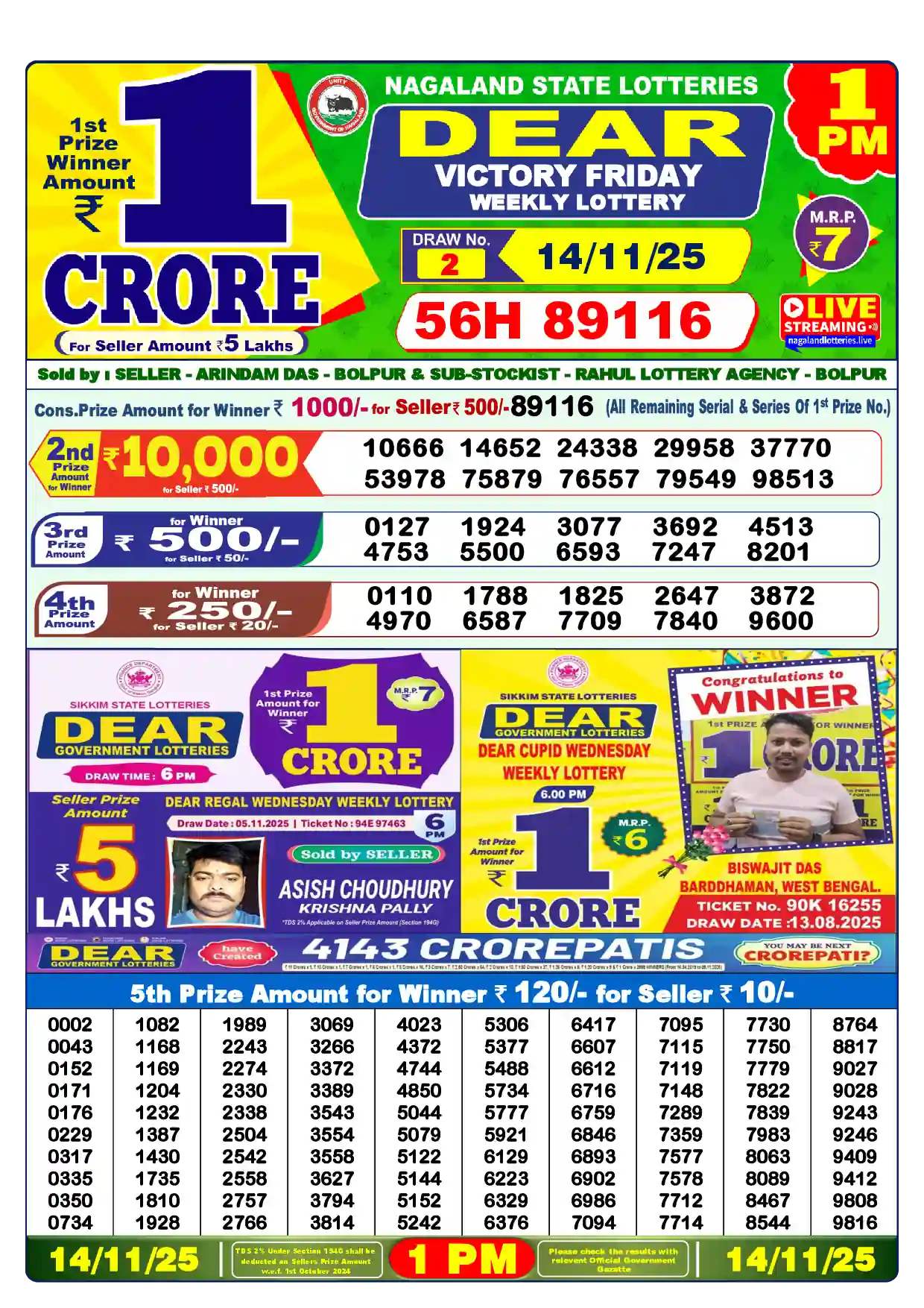 Lottery Sambad 14.11.25 Dear Lottery Result 1pm