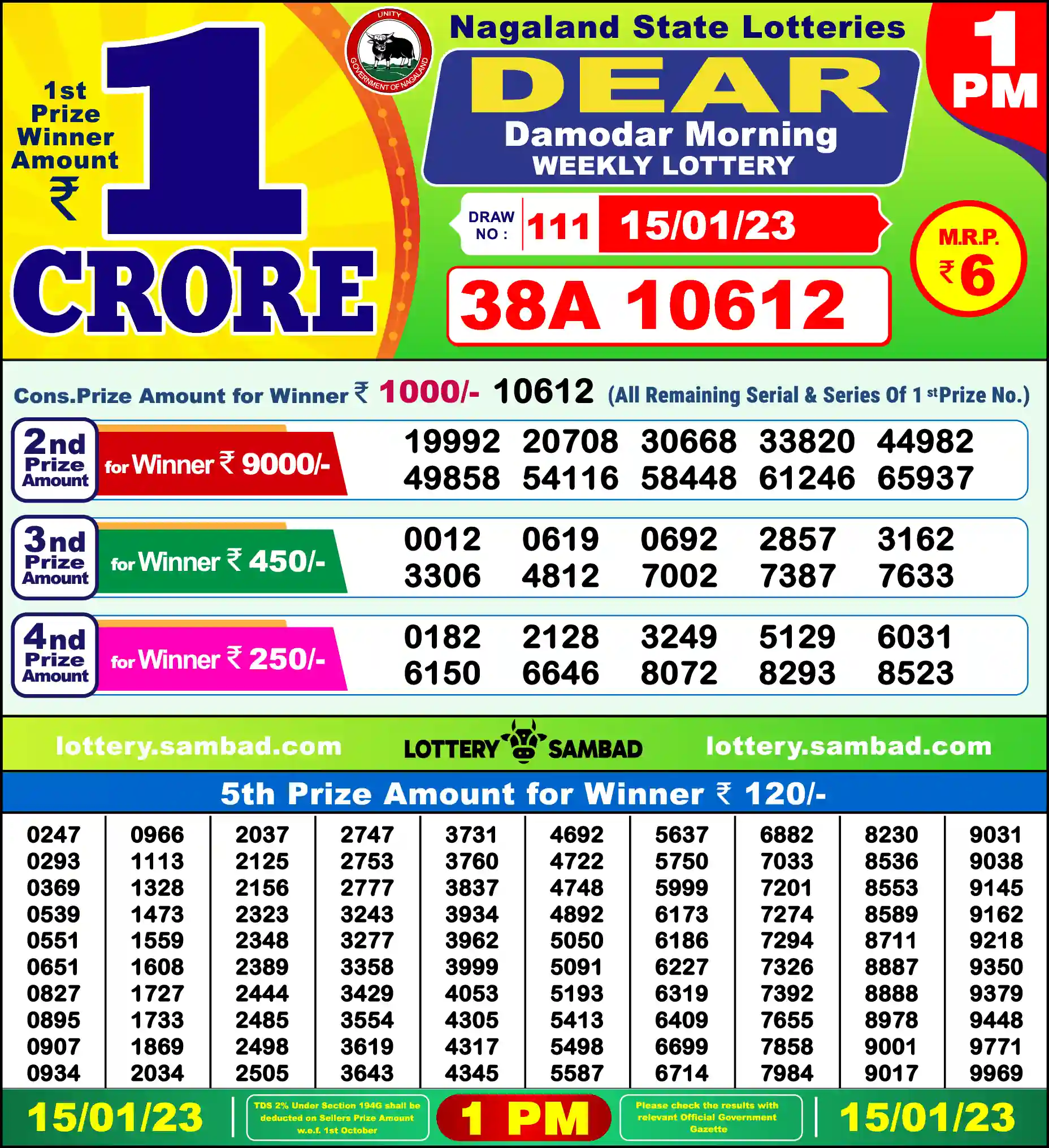 Lottery Sambad 15.01.23 Dear Lottery Result 1pm