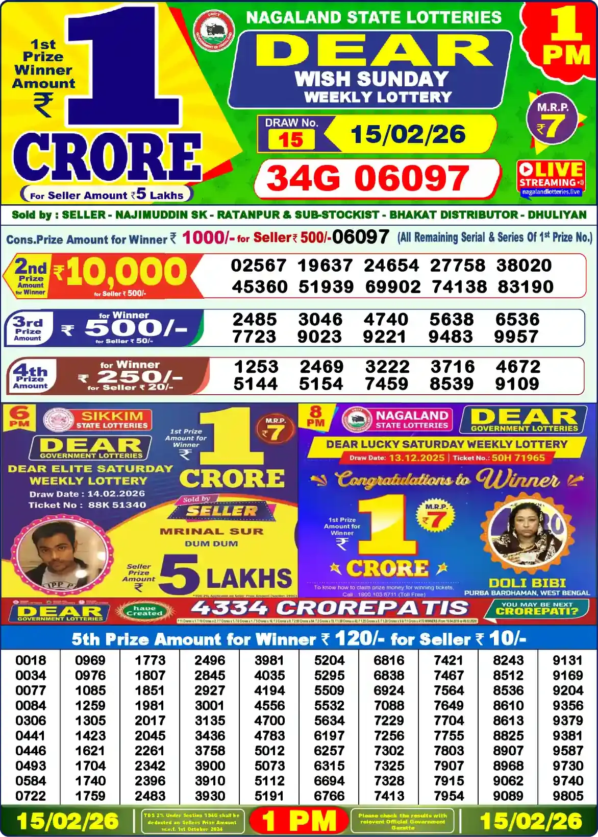 Lottery Sambad 15.02.26 Dear Lottery Result 1pm
