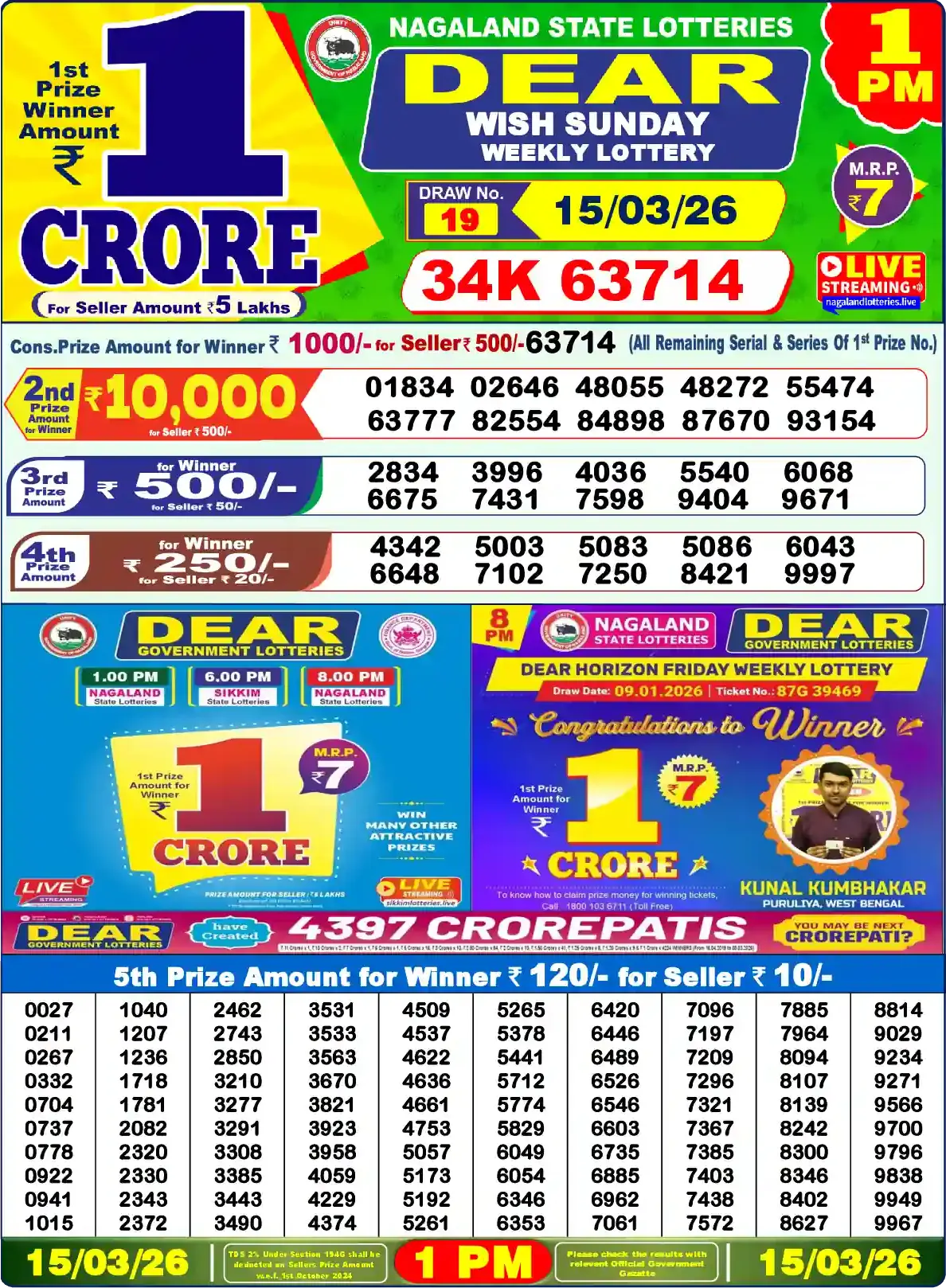 Lottery Sambad 15.03.26 Dear Lottery Result 1pm