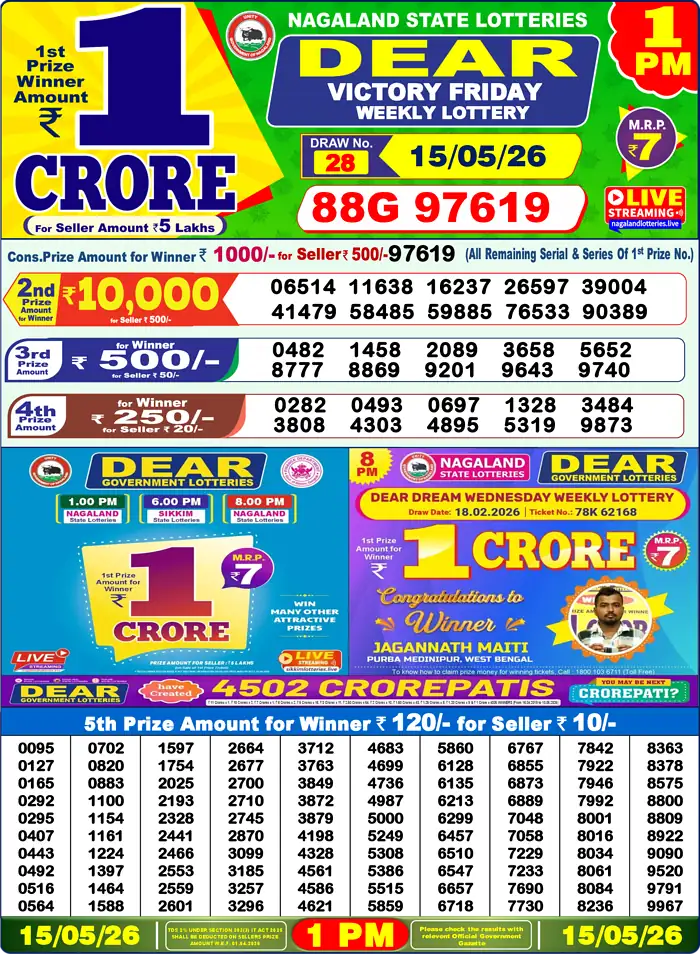 Lottery Sambad 15.05.26 Dear Lottery Result 1pm