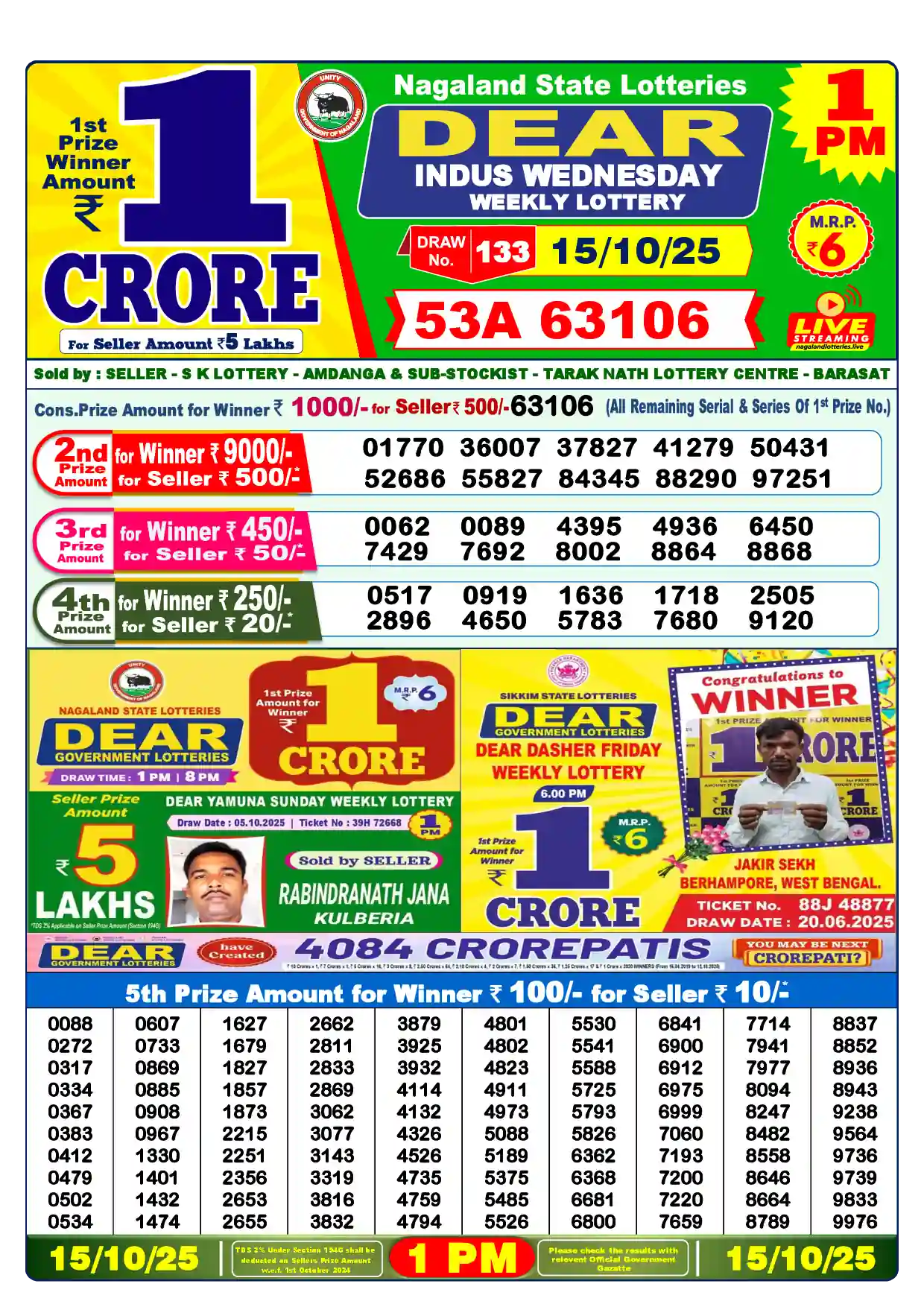 Lottery Sambad 15.10.25 Dear Lottery Result 1pm