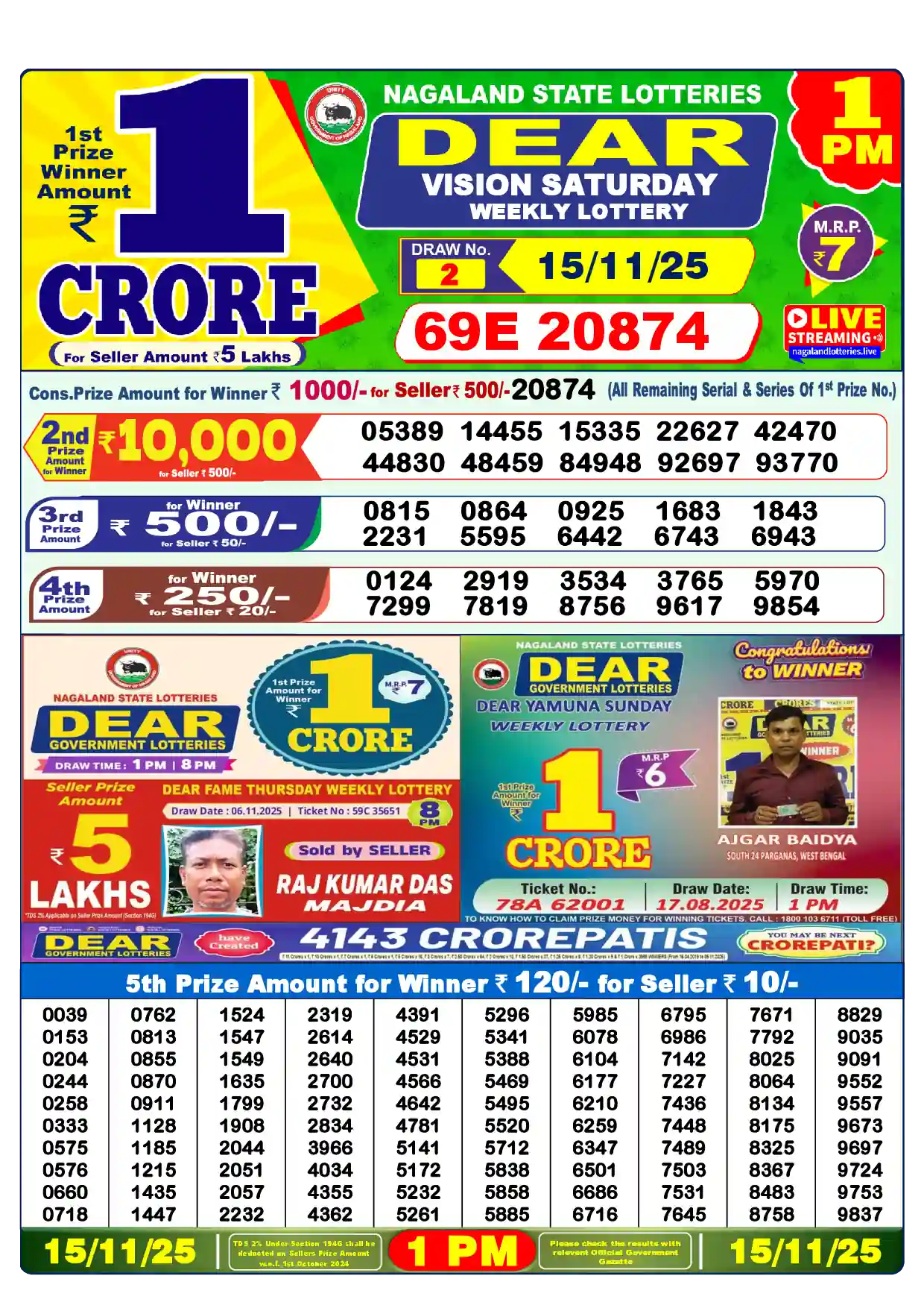 Lottery Sambad 15.11.25 Dear Lottery Result 1pm