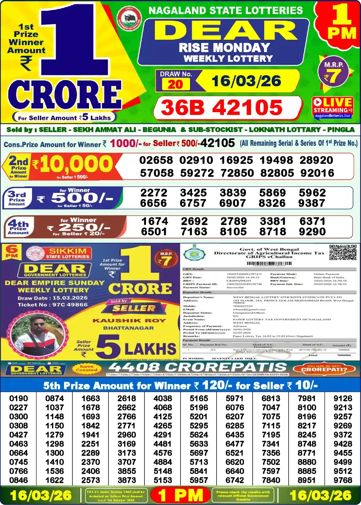 Lottery Sambad 16.03.26 Dear Lottery Result 1pm