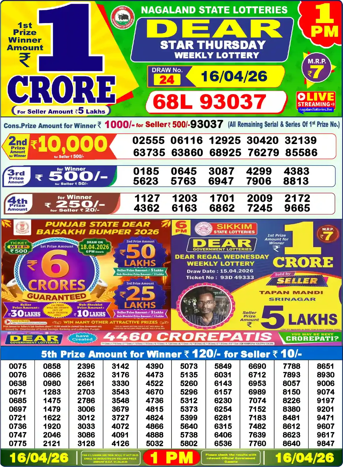 Lottery Sambad 16.04.26 Dear Lottery Result 1pm