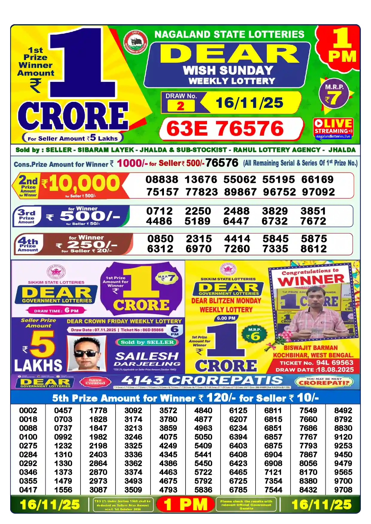 Lottery Sambad 16.11.25 Dear Lottery Result 1pm