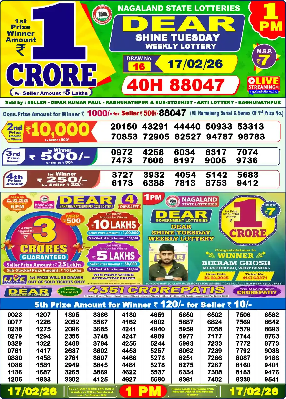 Lottery Sambad 17.02.26 Dear Lottery Result 1pm