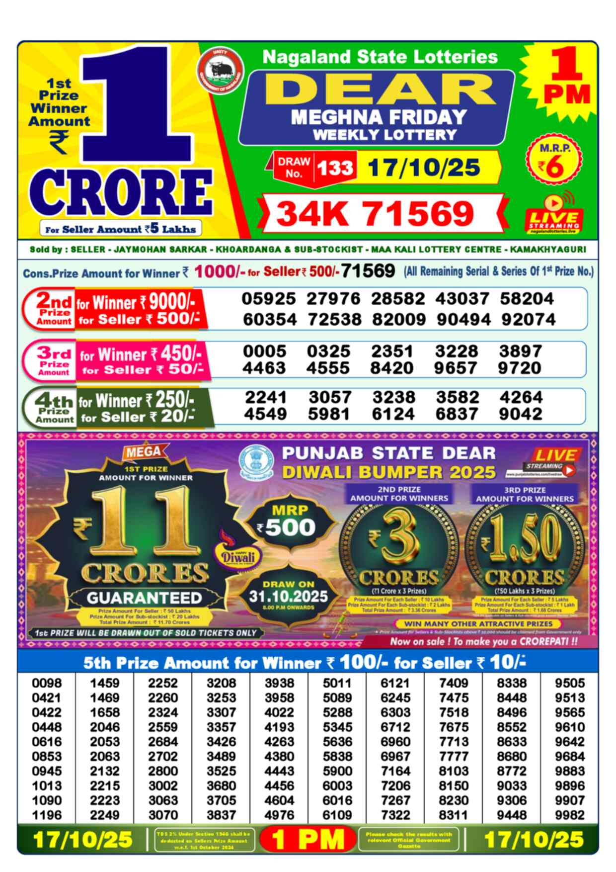Lottery Sambad Yesterday Result 1:00 PM 17 October 2025