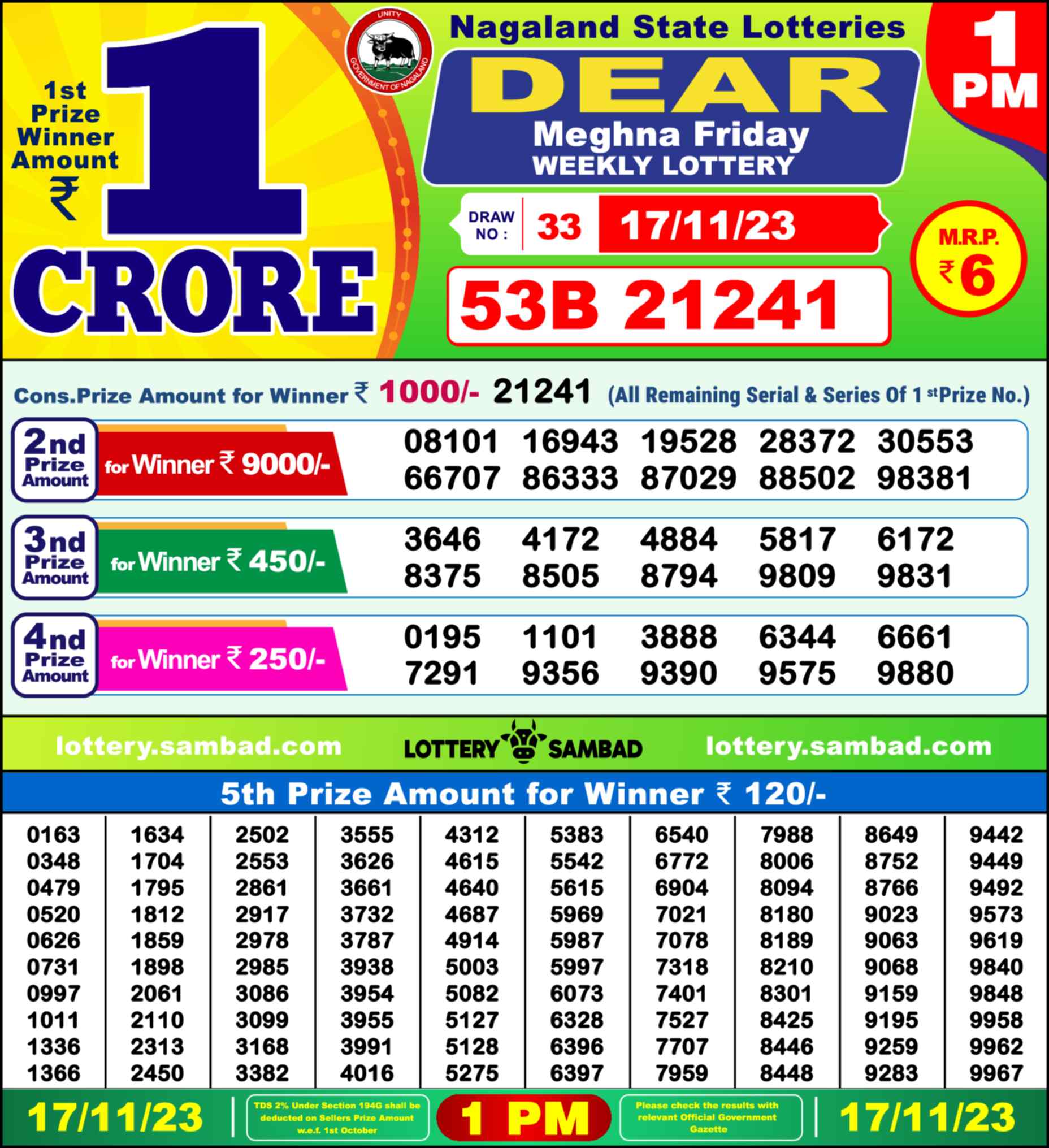 Lottery Sambad 17.11.23 Dear Lottery Result 1pm