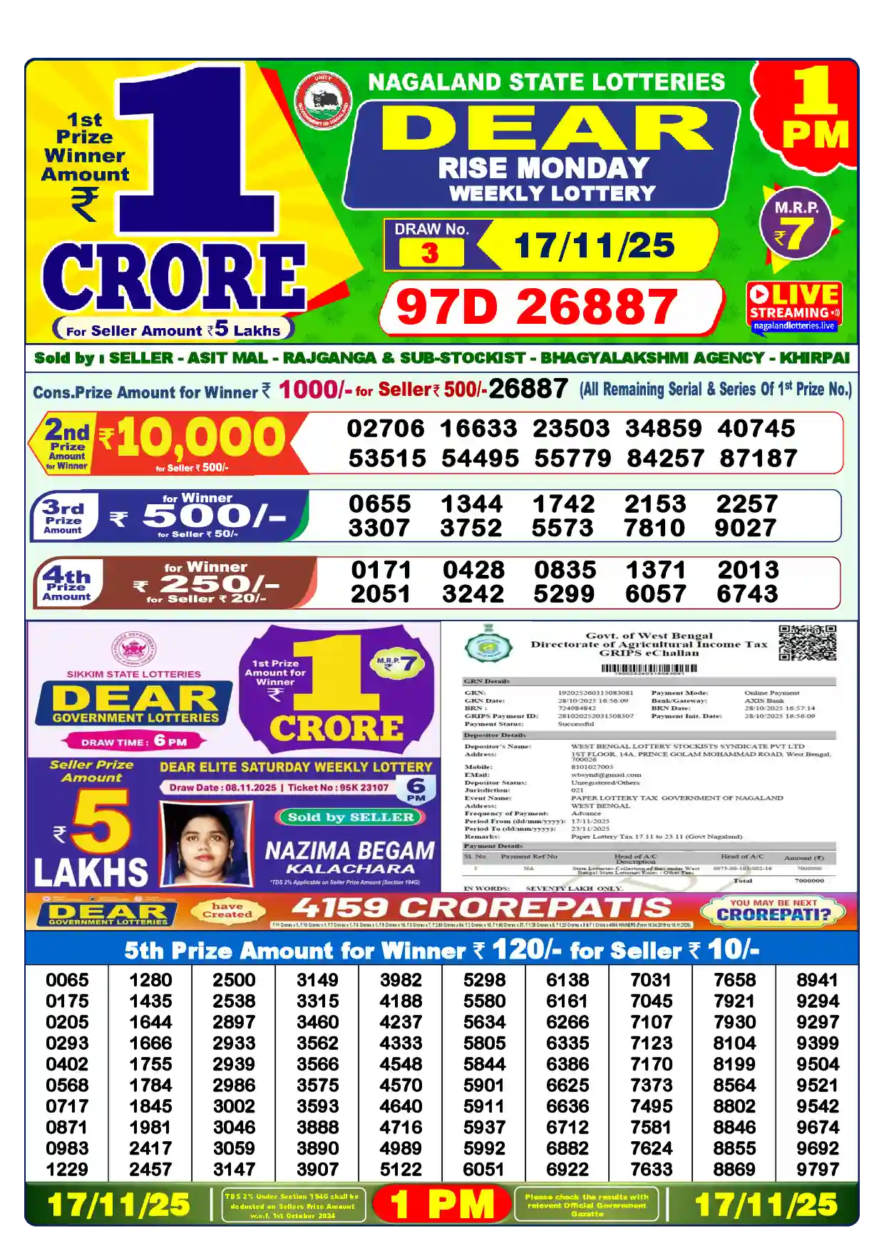 Lottery Sambad 17.11.25 Dear Lottery Result 1pm